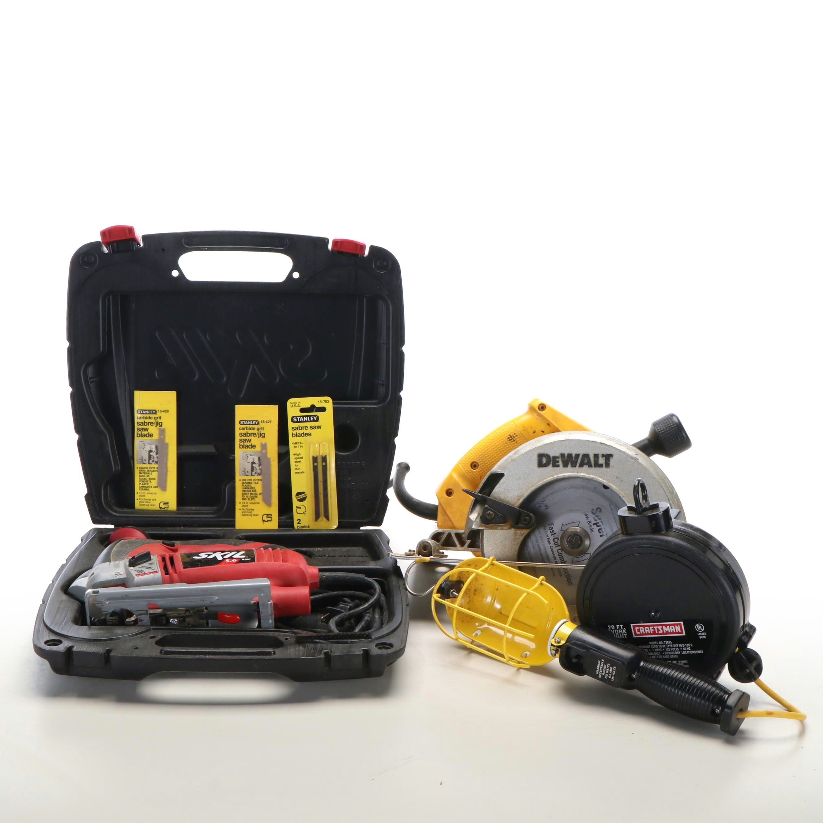 Craftsman Work Light, Skil Scroll Saw, DeWalt Circular Saw and Black+Decker Saws