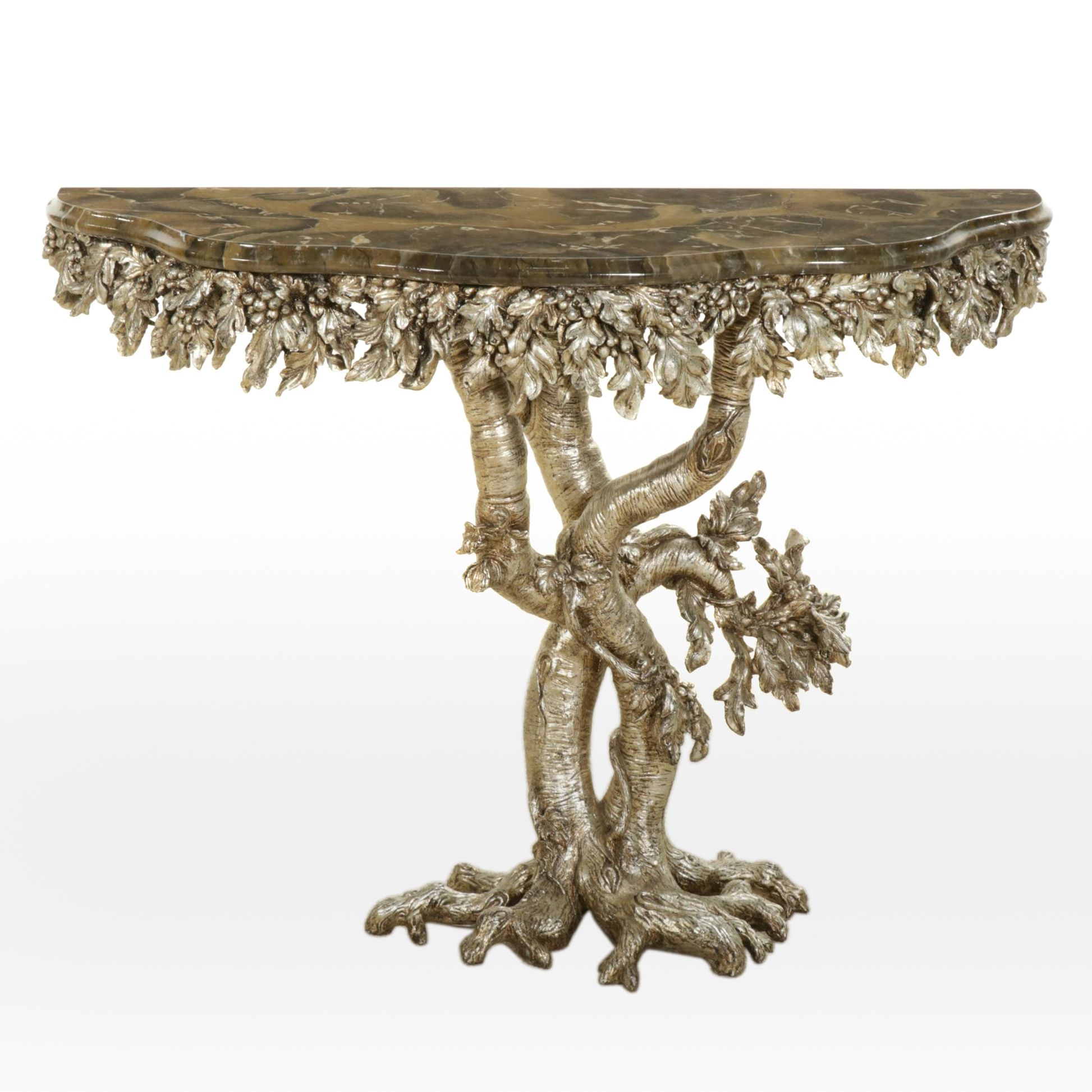 Gilded Tree Trunk Console Table with Leaf Apron Lacquered Top