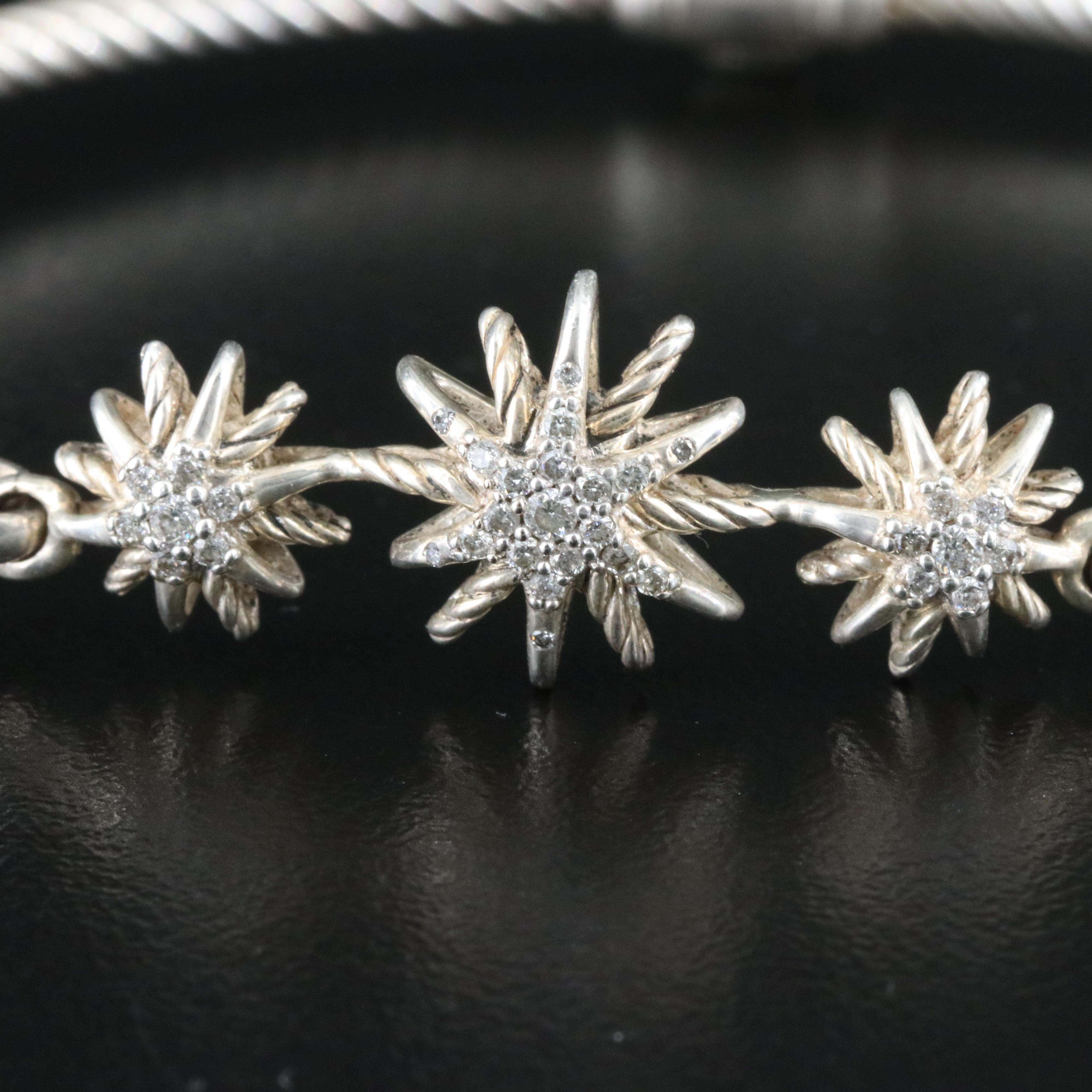 David Yurman Starburst Sterling Diamond Three Station Bracelet