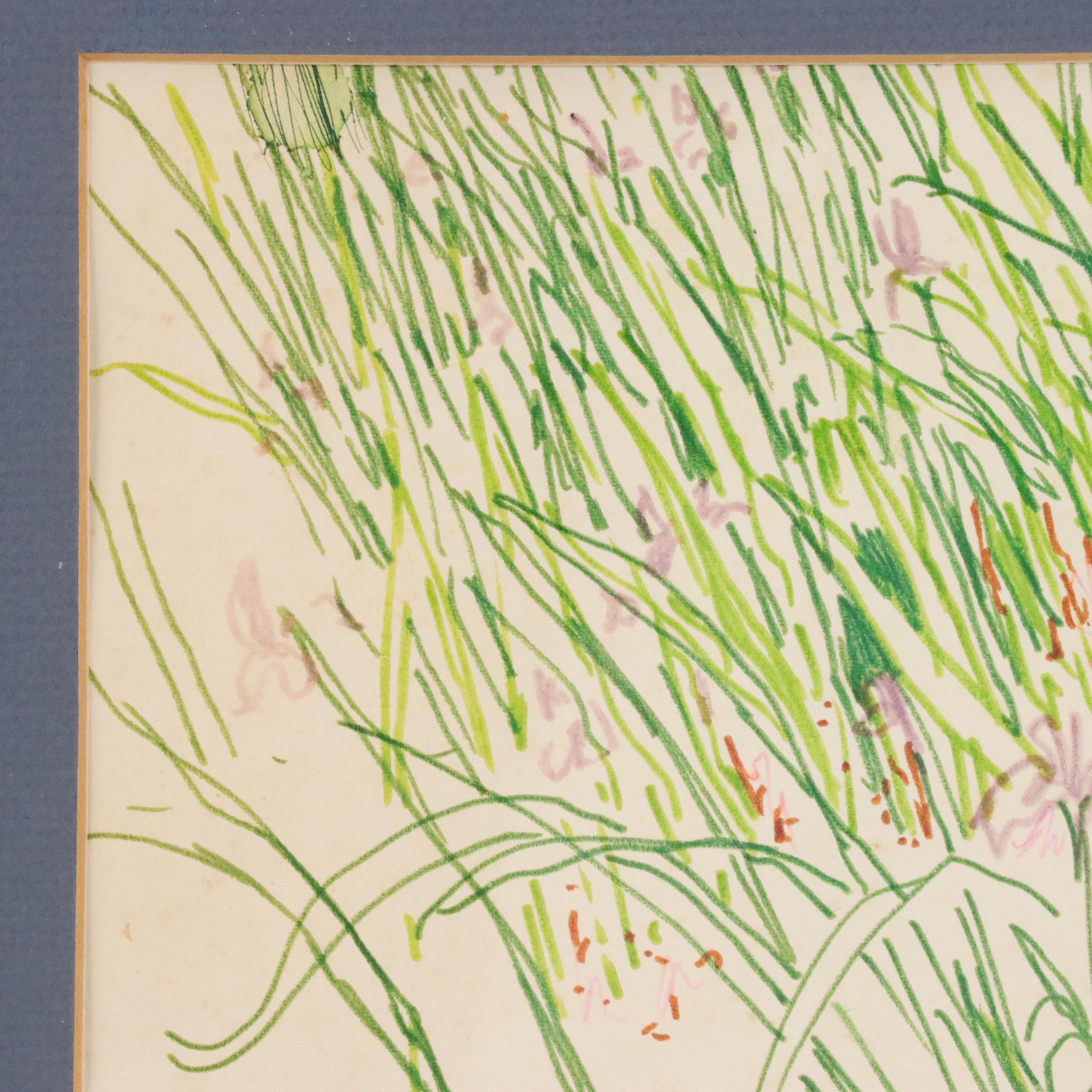 Rhoda Staley Naive Still Life Ink Drawing "Grasses," Late 20th Century