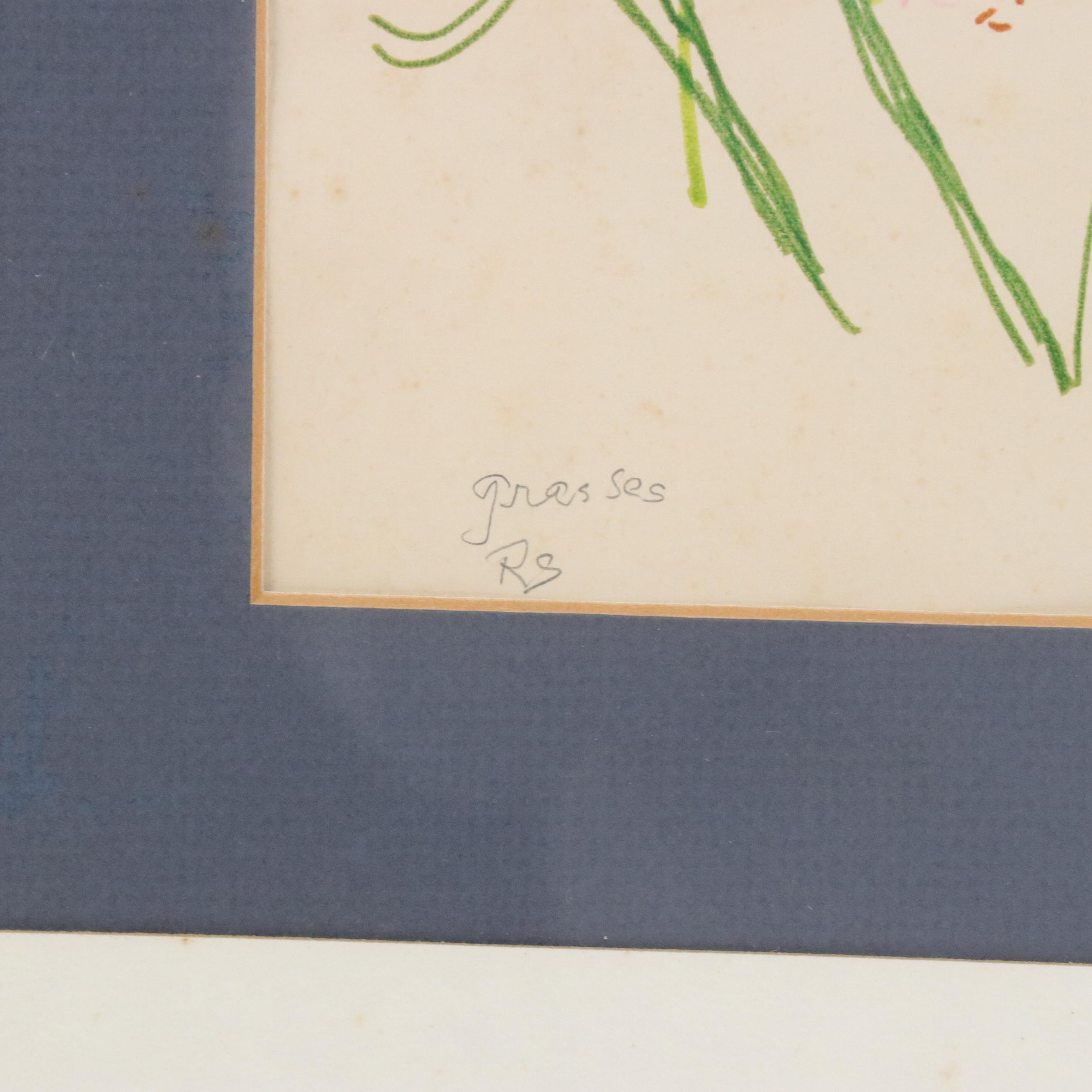 Rhoda Staley Naive Still Life Ink Drawing "Grasses," Late 20th Century