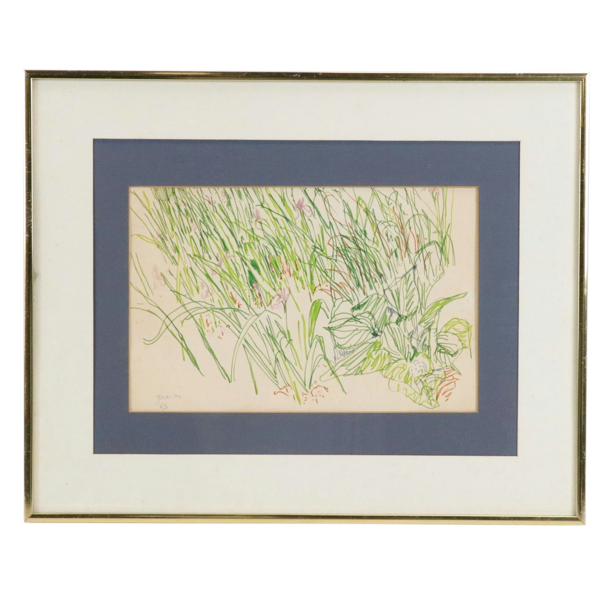 Rhoda Staley Naive Still Life Ink Drawing "Grasses," Late 20th Century