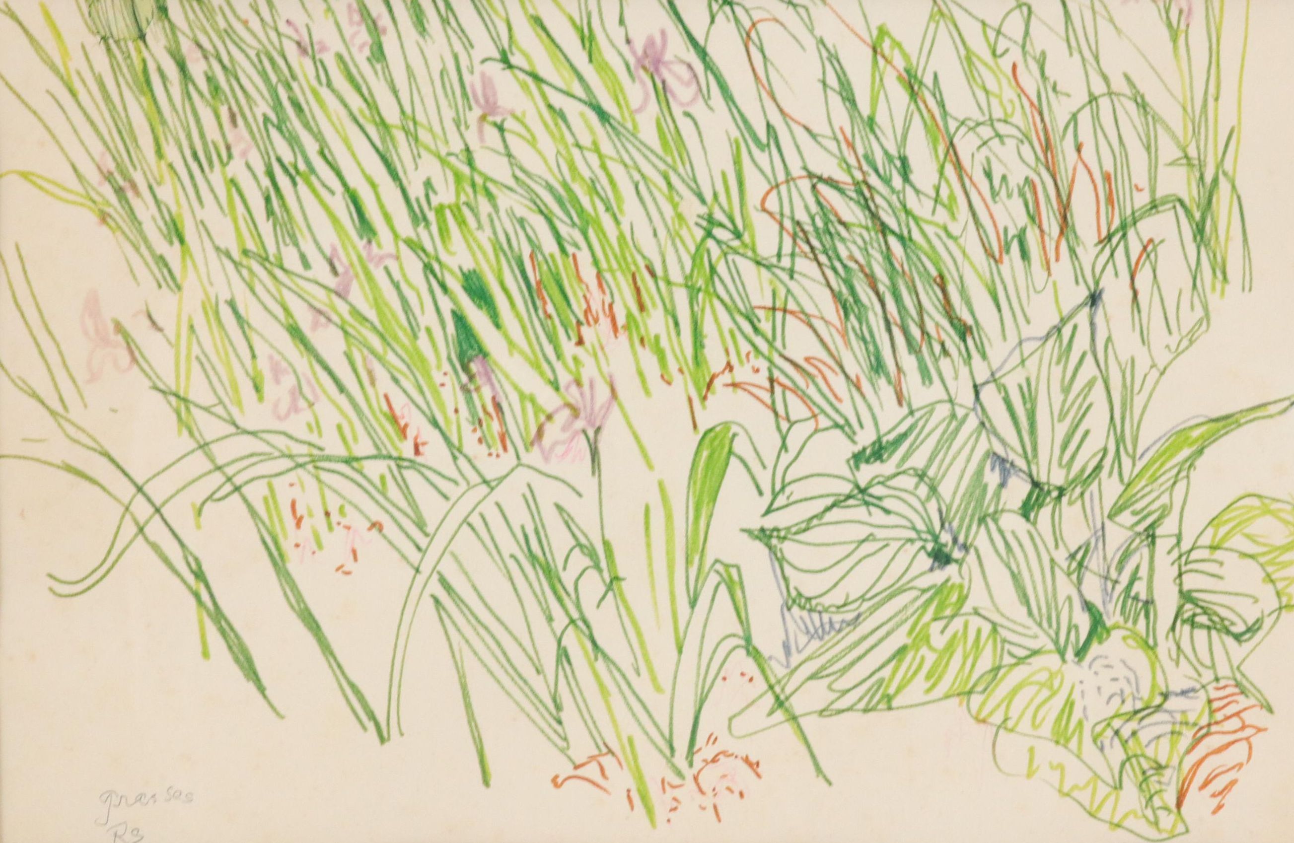 Rhoda Staley Naive Still Life Ink Drawing "Grasses," Late 20th Century