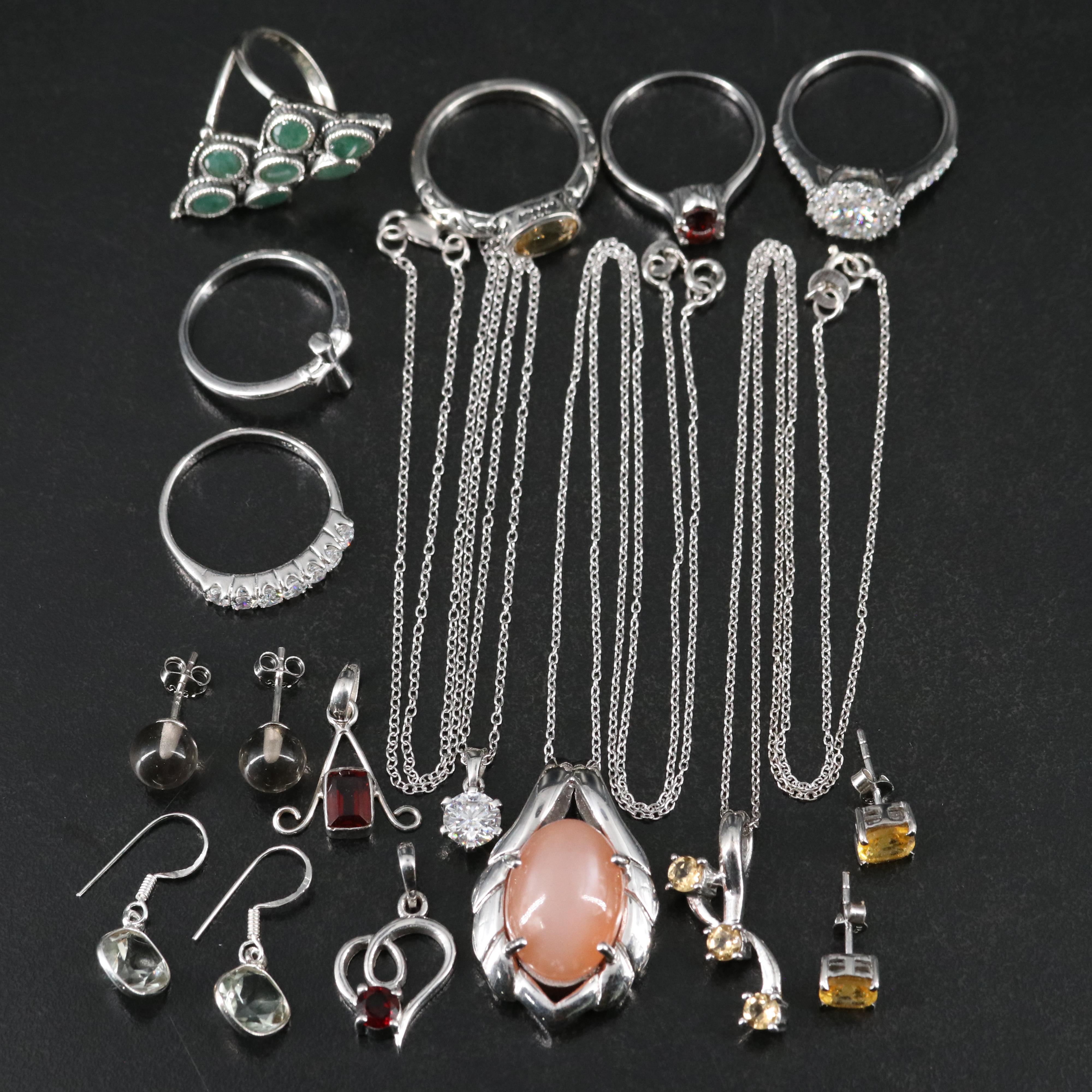 14 Assorted Sterling Silver Rings, Necklaces, Earrings, and Pendants