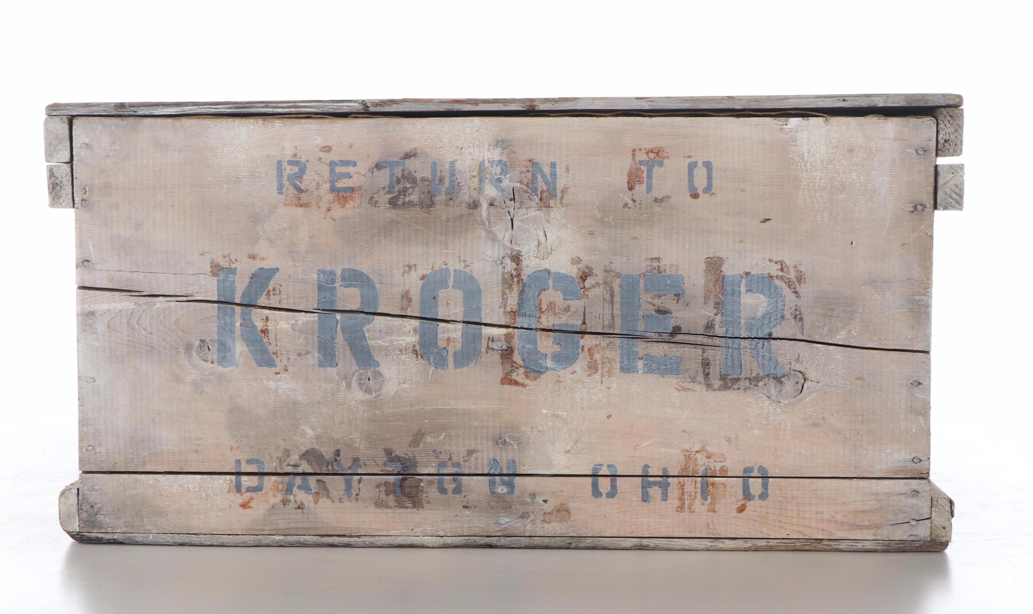 Kroger Wooden Egg Box and Wesco Dairy Feed Sack, Mid-20th Century