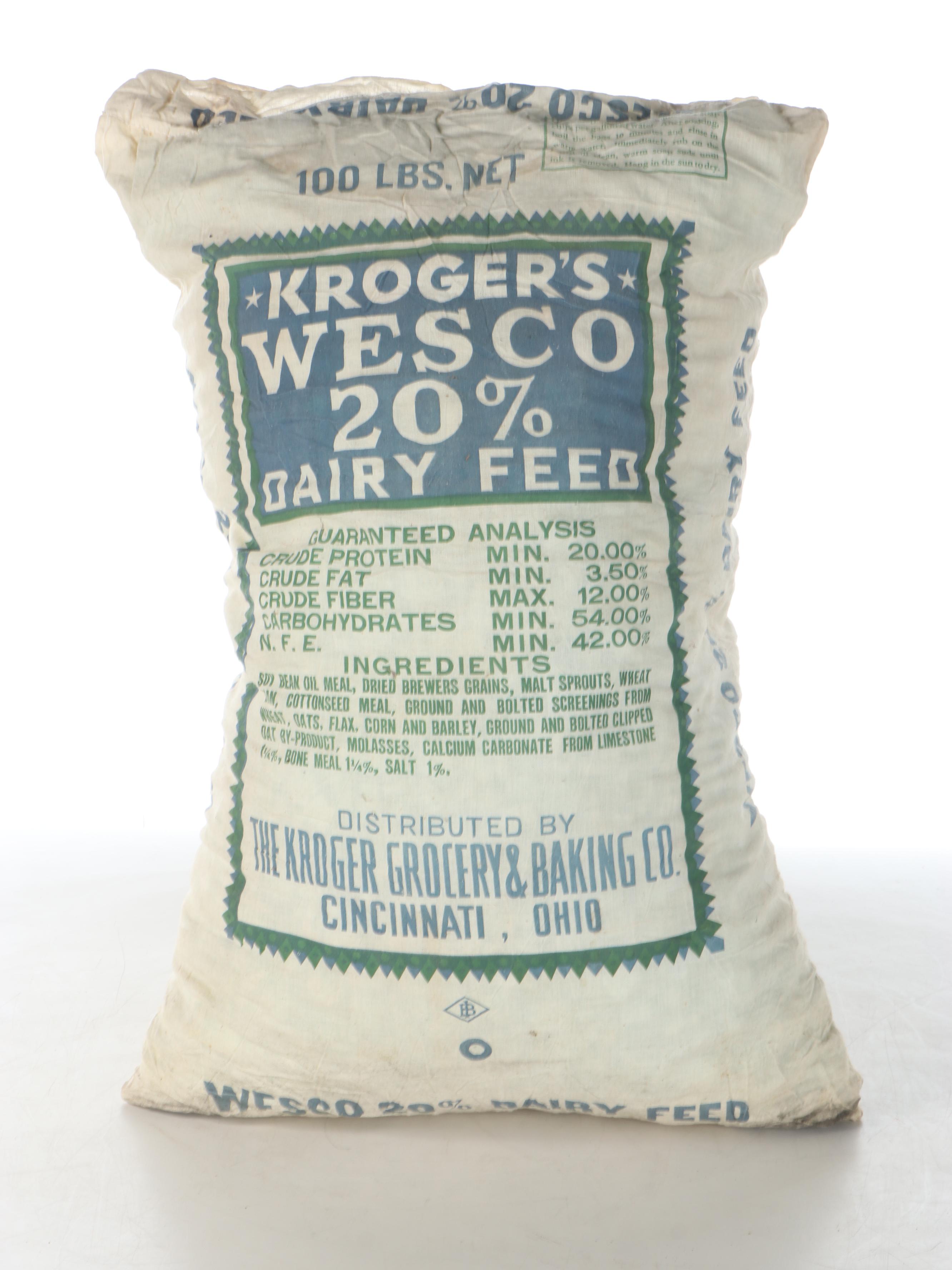 Kroger Wooden Egg Box and Wesco Dairy Feed Sack, Mid-20th Century