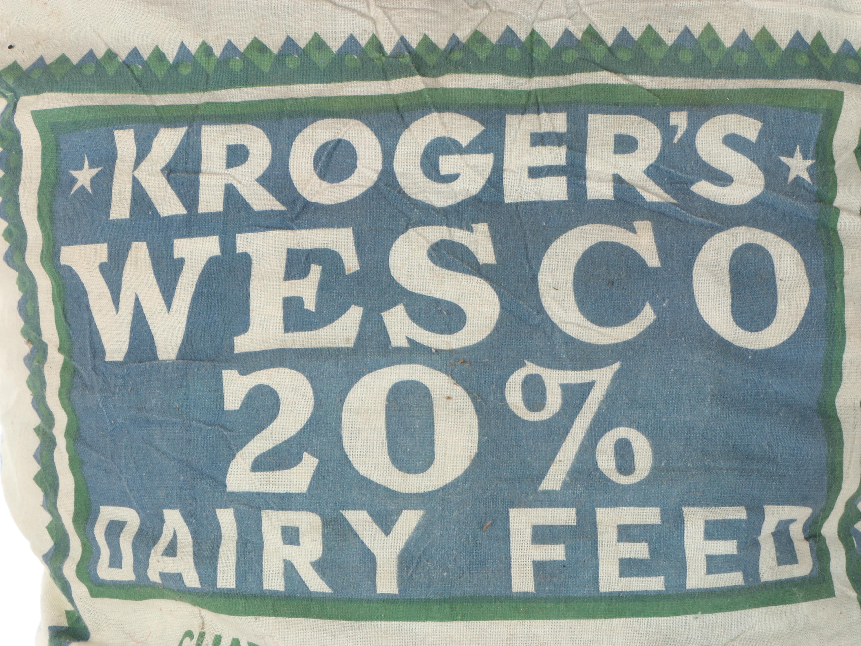Kroger Wooden Egg Box and Wesco Dairy Feed Sack, Mid-20th Century