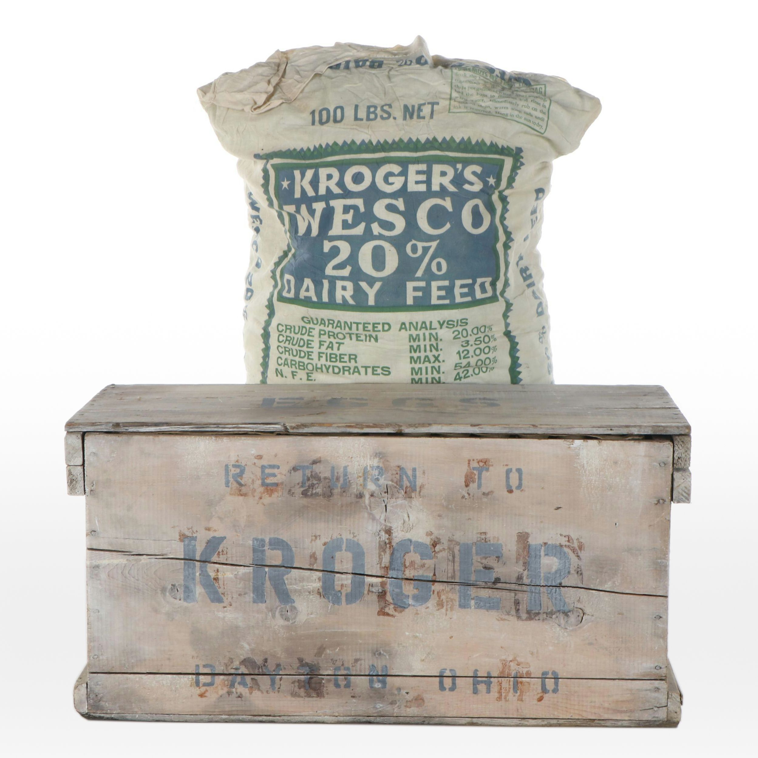 Kroger Wooden Egg Box and Wesco Dairy Feed Sack, Mid-20th Century