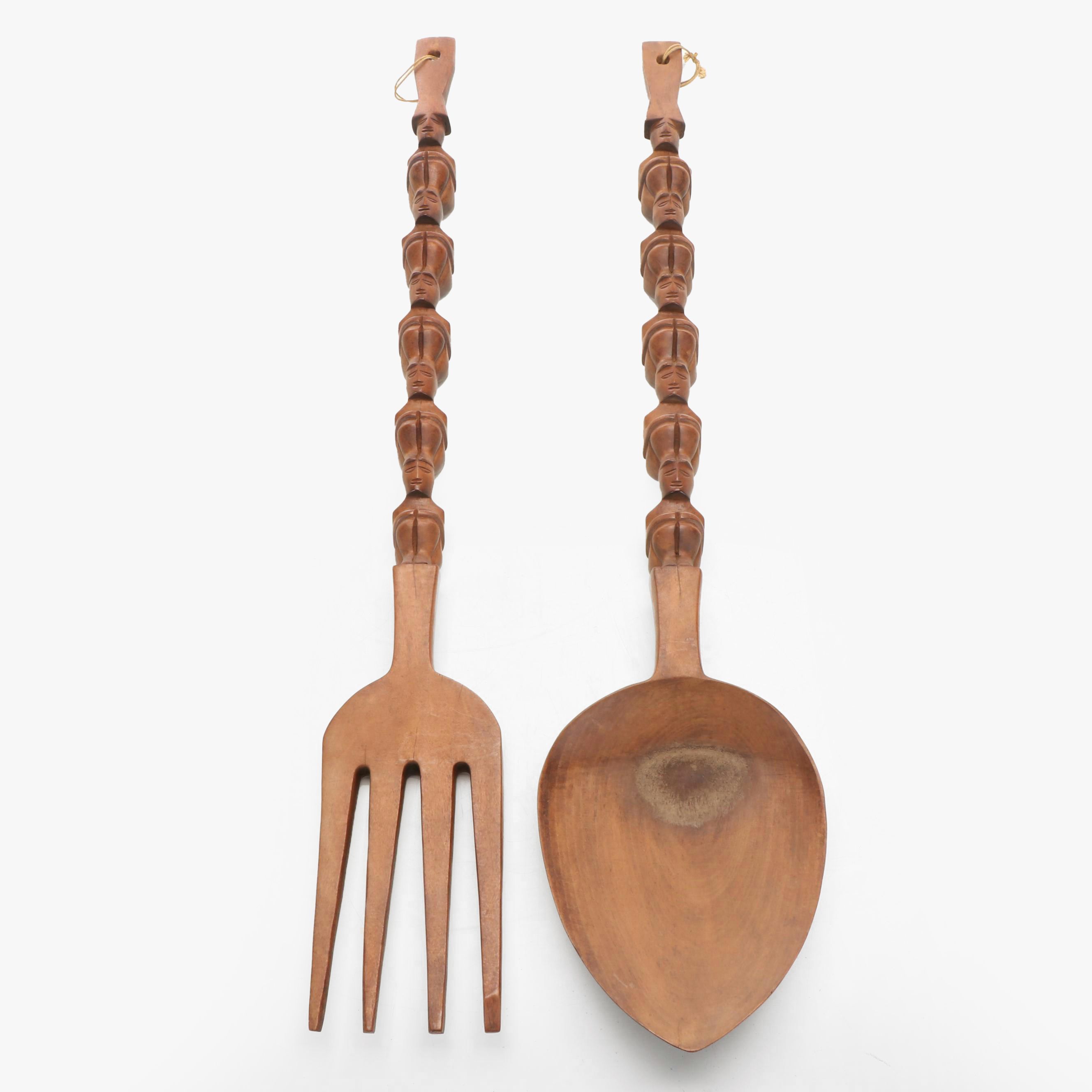 Oversized Carved Wall Hanging Wooden Utensils, Mid to Late 20th Century