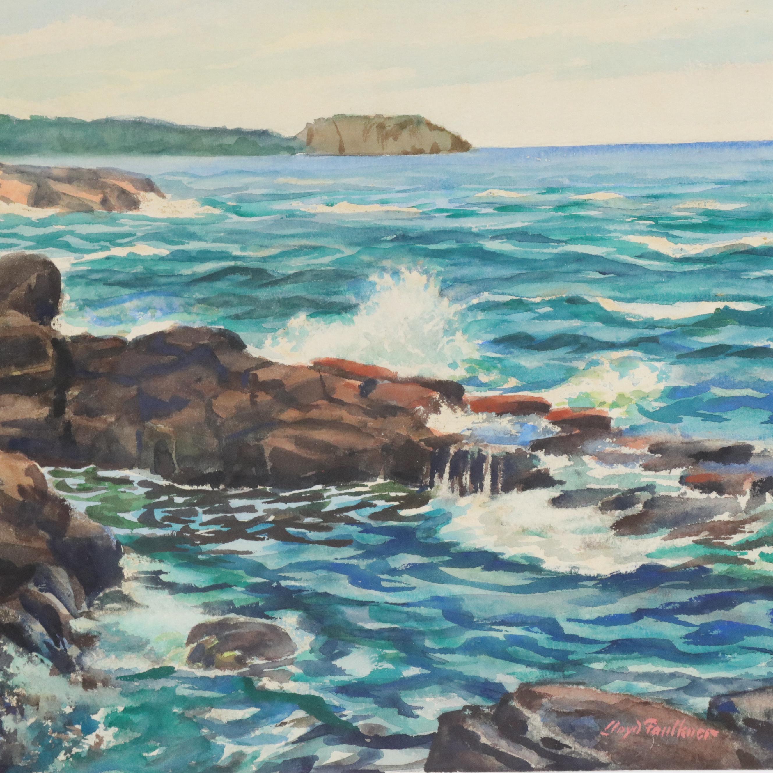 Lloyd Faulkner Watercolor Painting of Coastal Shoreline, Mid-20th Century