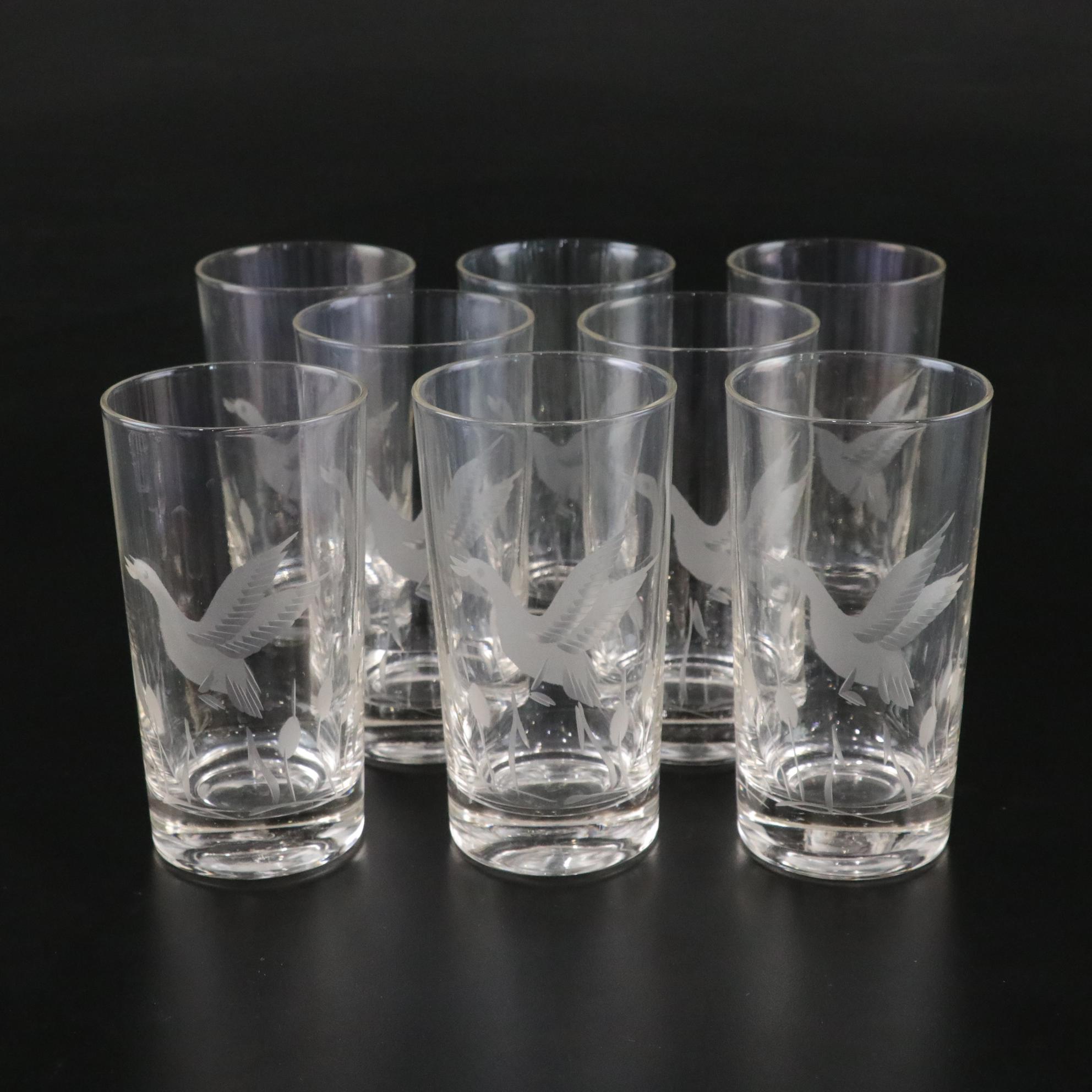 "Flying Duck" Etched Motif Highball Glasses and Stemmed Cordials
