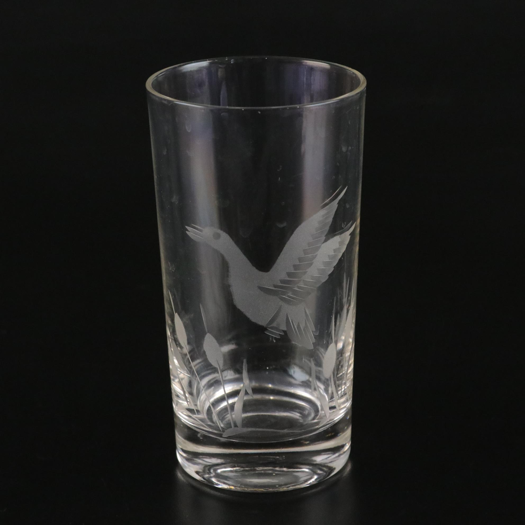 "Flying Duck" Etched Motif Highball Glasses and Stemmed Cordials