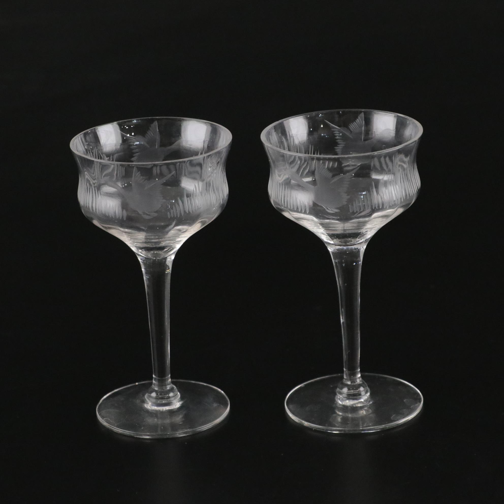 "Flying Duck" Etched Motif Highball Glasses and Stemmed Cordials