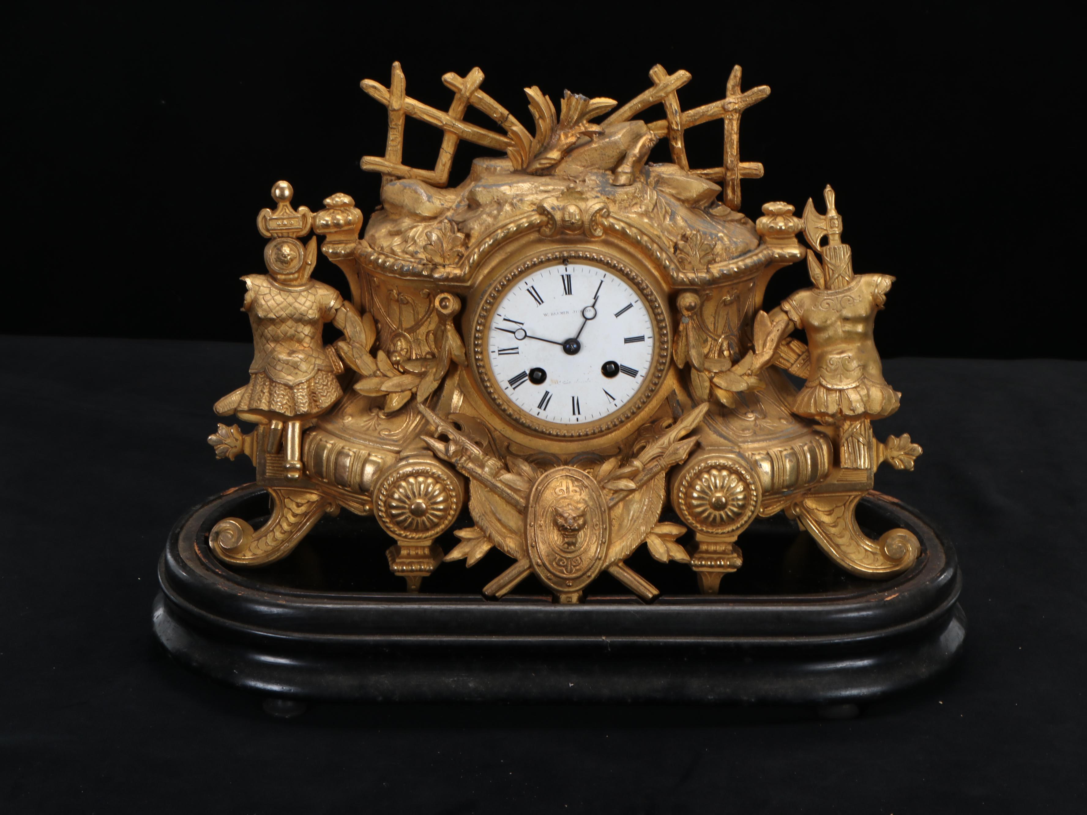 W. Bremer Junior Gilt Spelter Mantel Clock Under Glass Dome, 19th Century