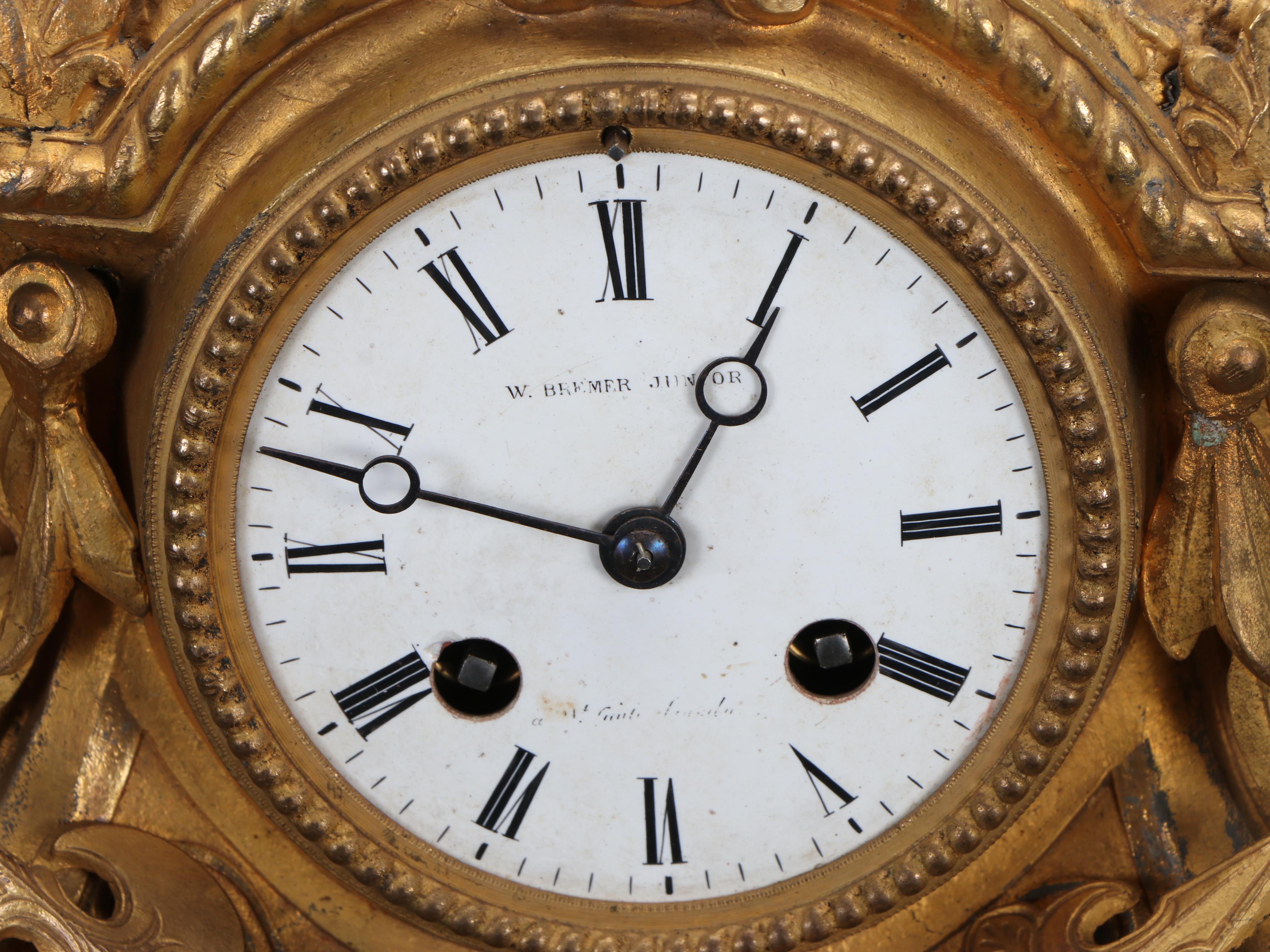 W. Bremer Junior Gilt Spelter Mantel Clock Under Glass Dome, 19th Century