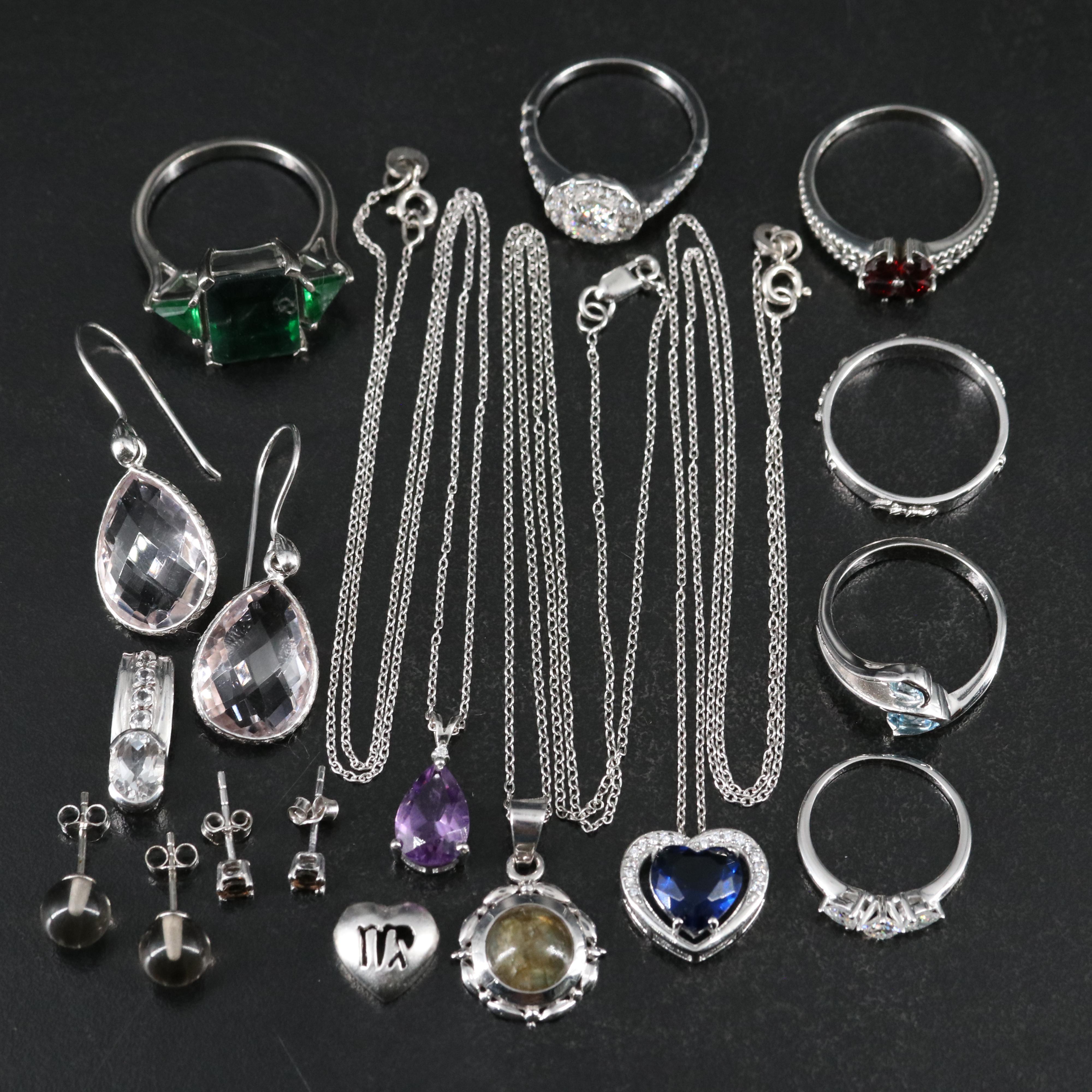 14 Assorted Sterling Silver Rings, Necklaces, Earrings, and Pendants