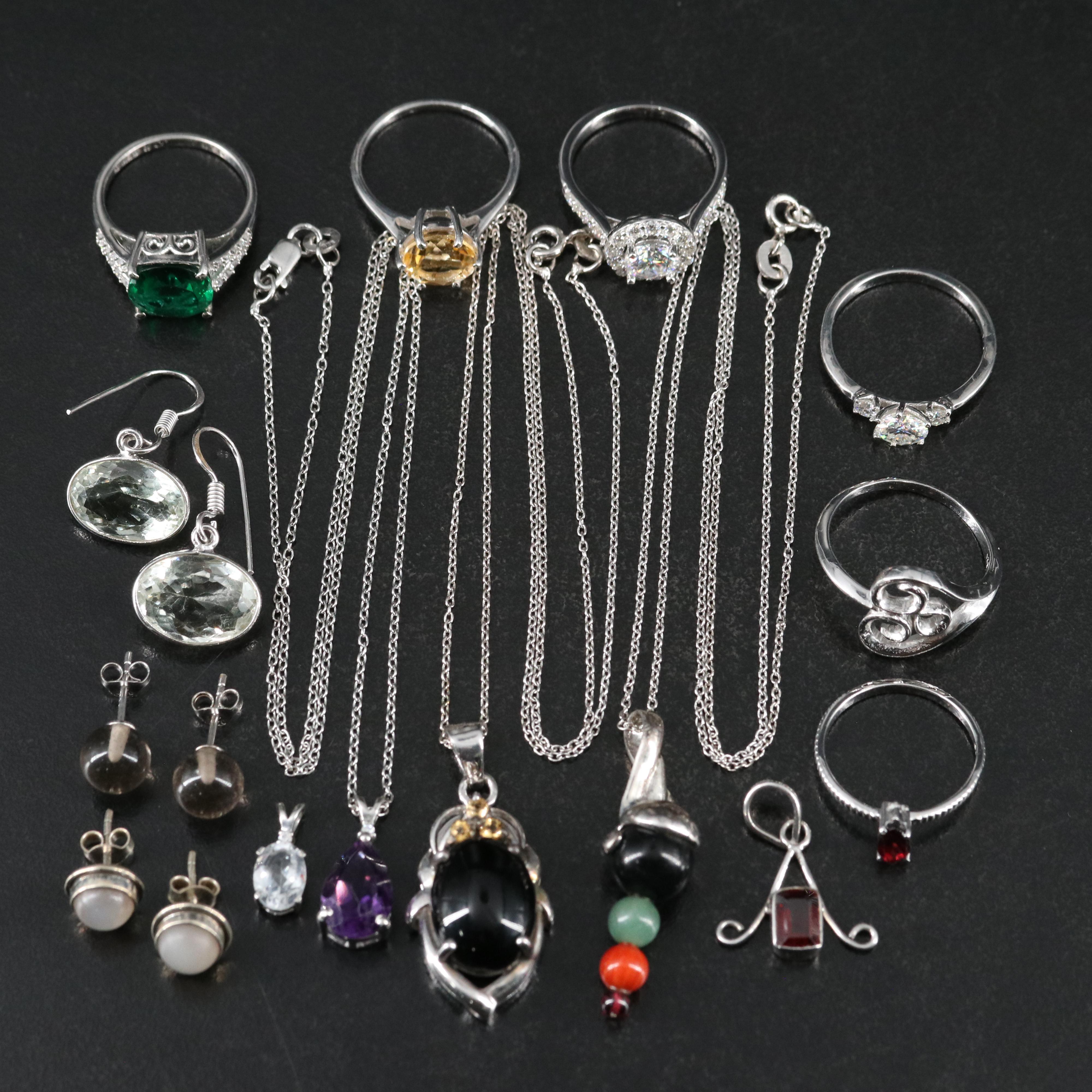 14 Assorted Sterling Silver Rings, Necklaces, Earrings, and Pendants