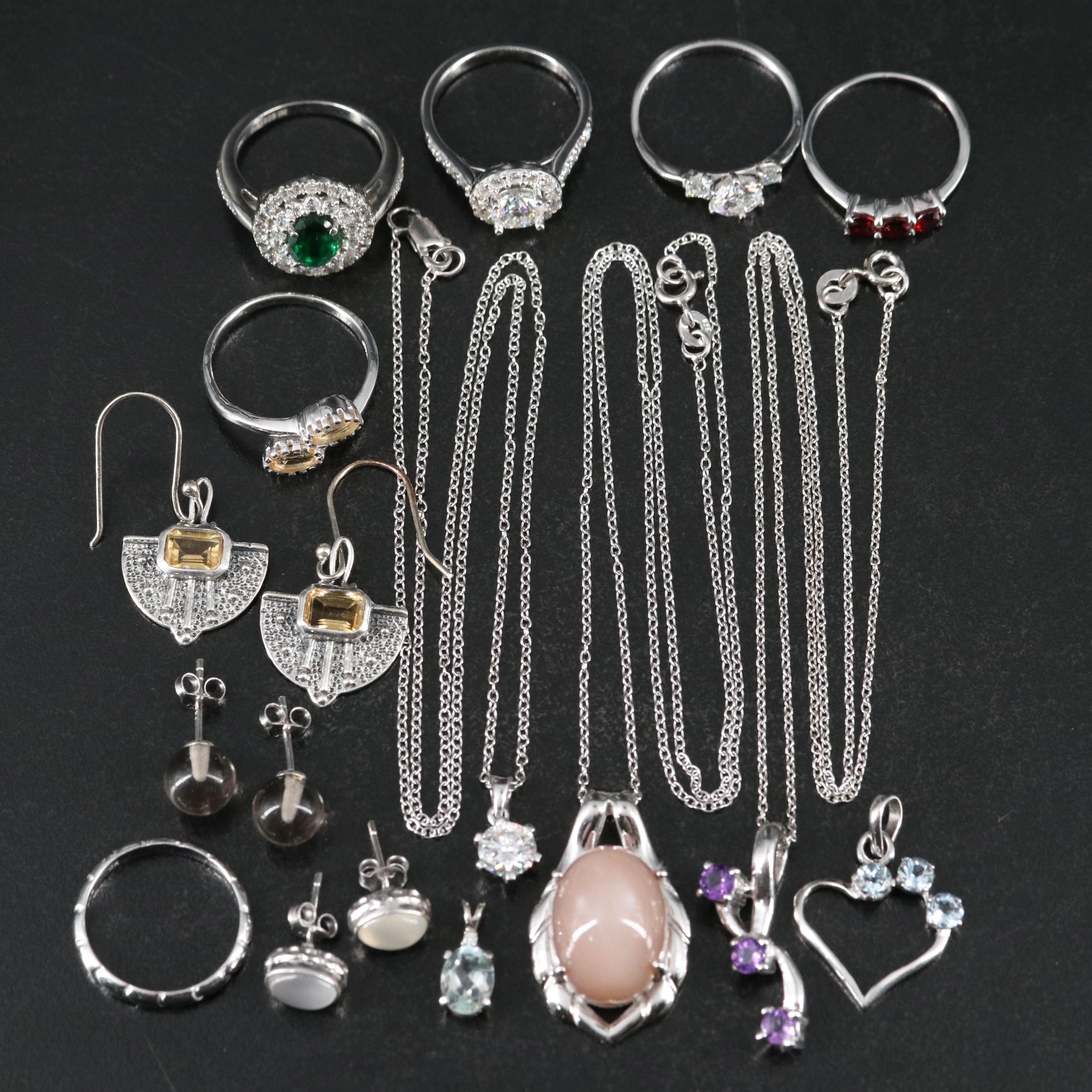 14 Assorted Sterling Silver Rings, Necklaces, Earrings, and Pendants