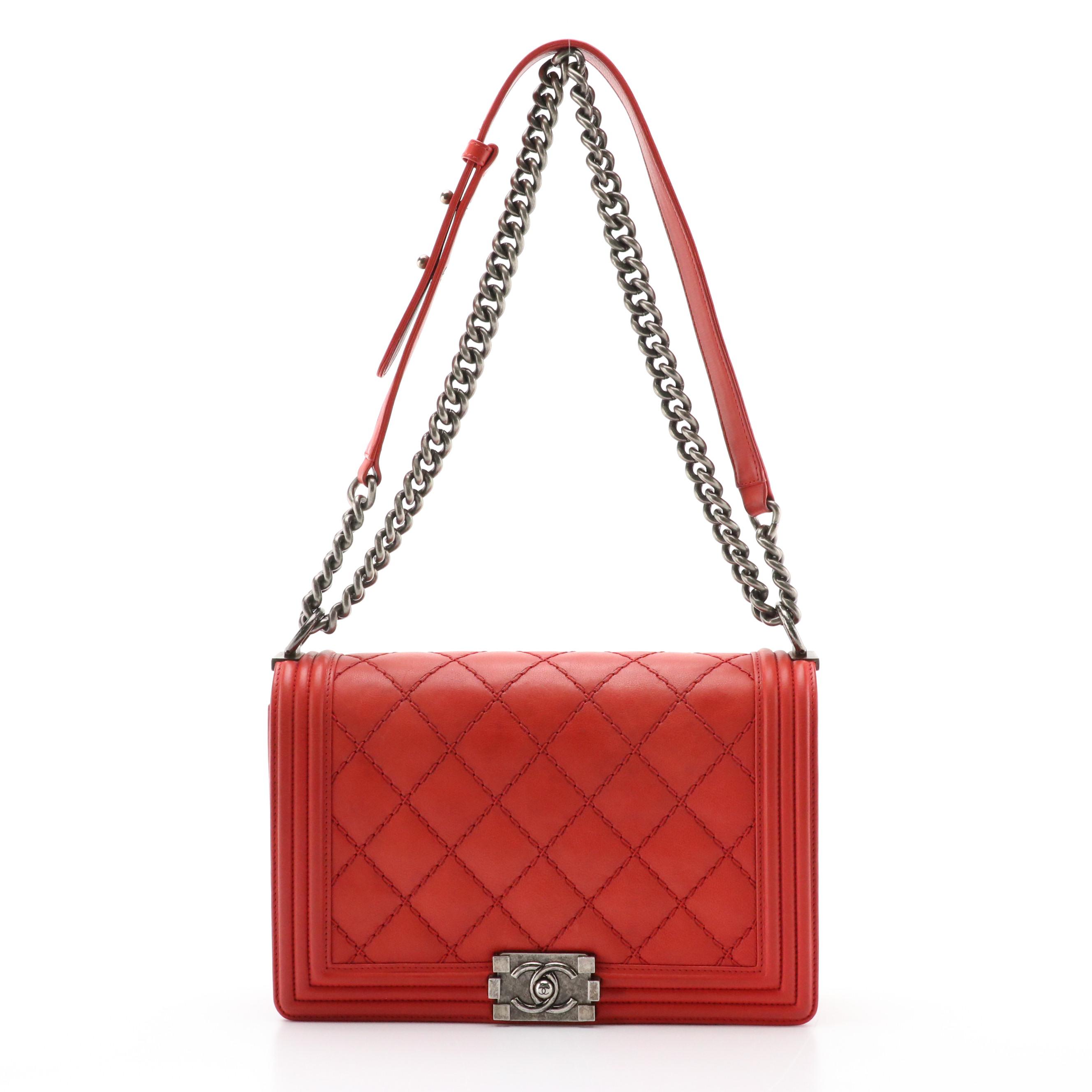 Chanel Large Flap Boy Bag in Red Diamond Stitch Calfskin Leather