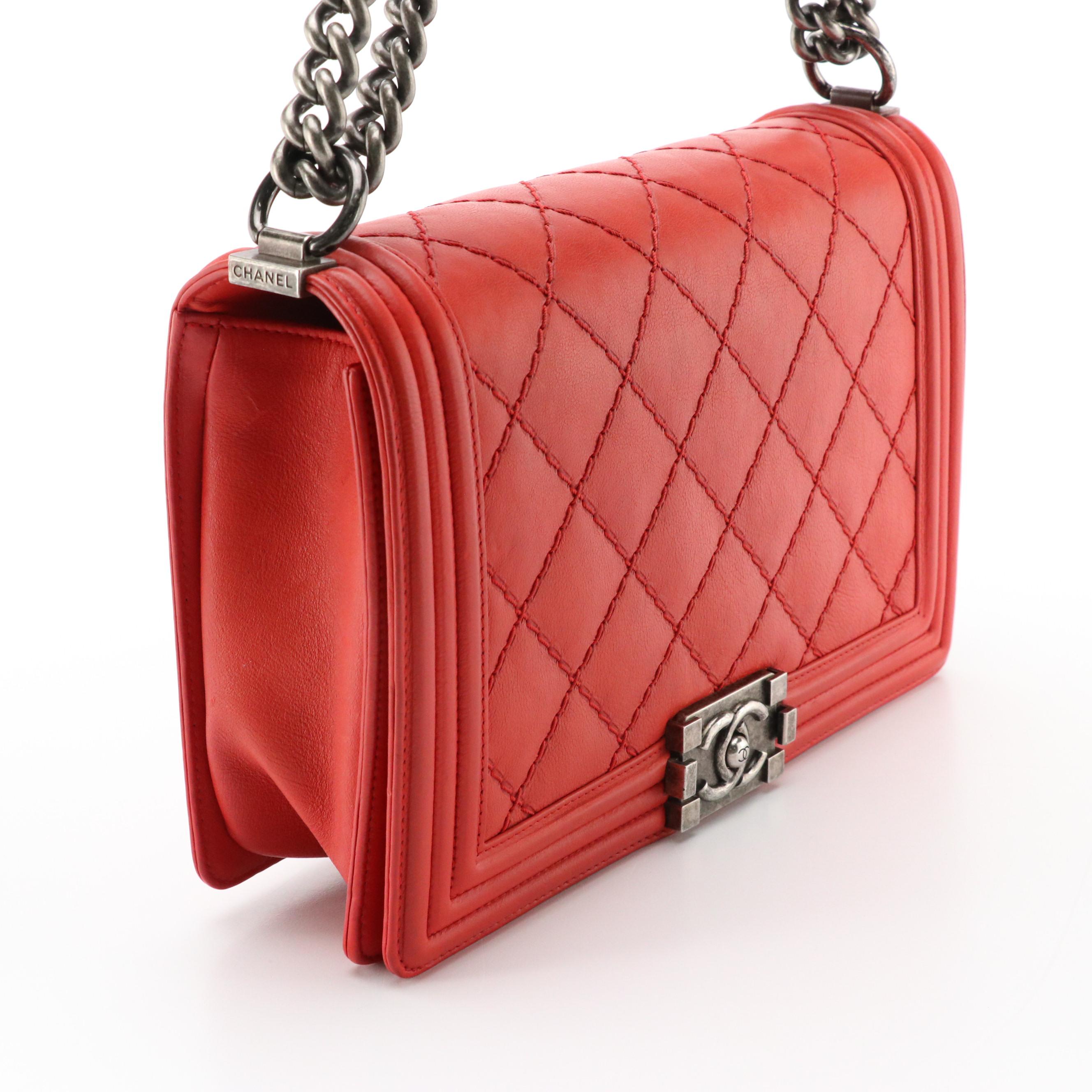 Chanel Large Flap Boy Bag in Red Diamond Stitch Calfskin Leather