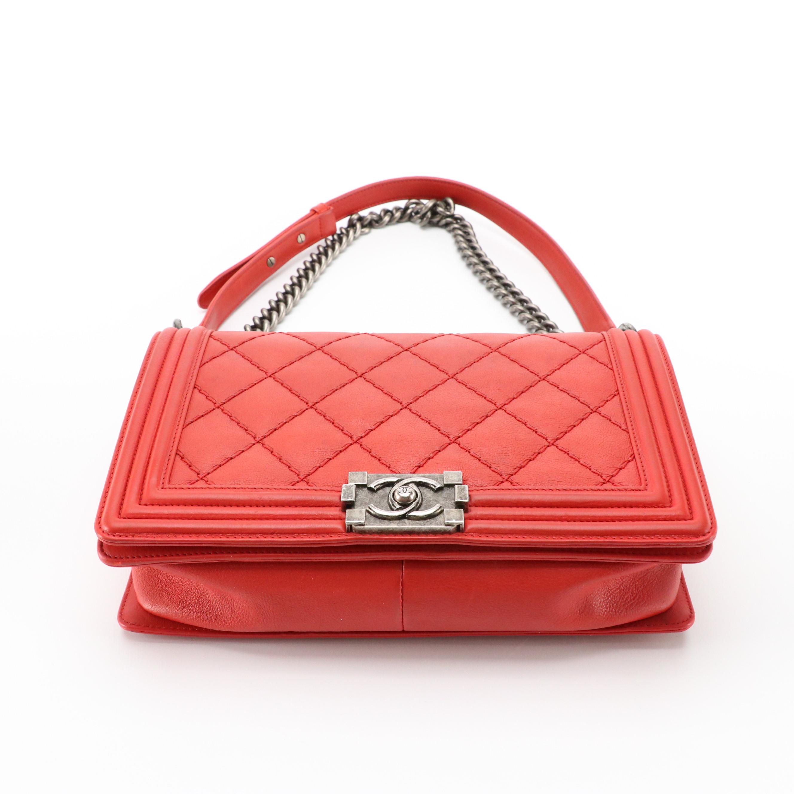 Chanel Large Flap Boy Bag in Red Diamond Stitch Calfskin Leather