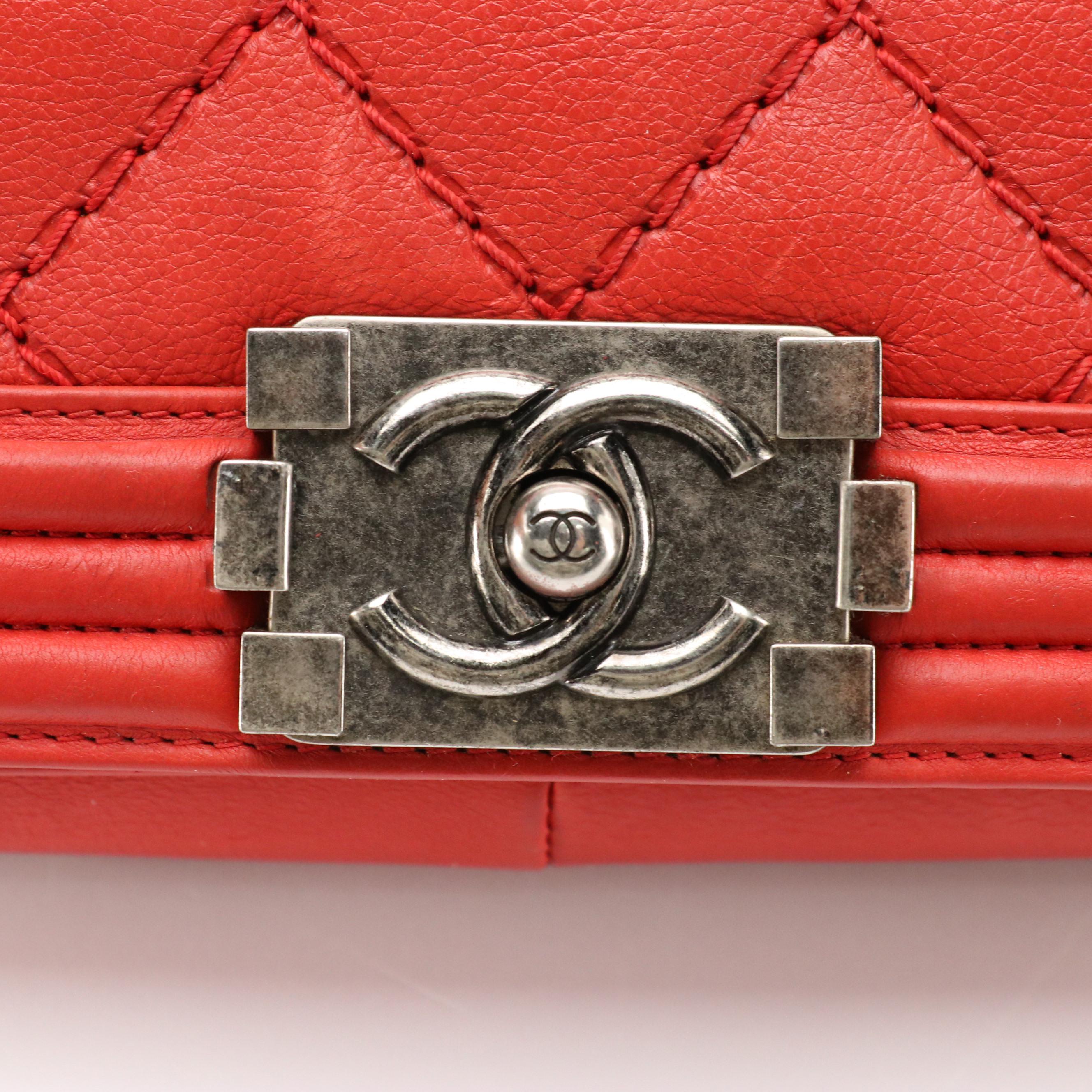 Chanel Large Flap Boy Bag in Red Diamond Stitch Calfskin Leather
