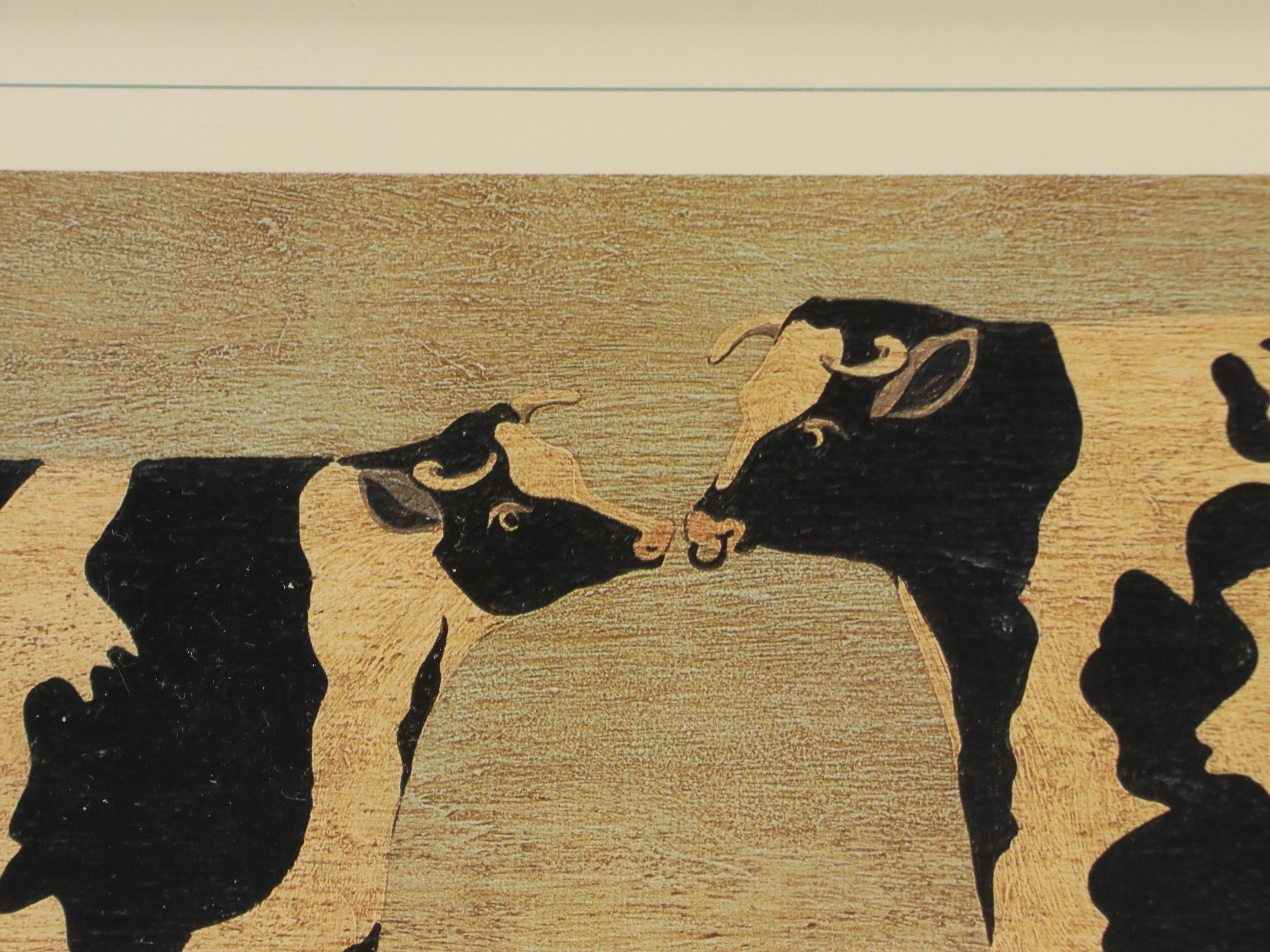 Two Folk Art Offset Lithographs After Warren Kimble Including "Kissing Cows"