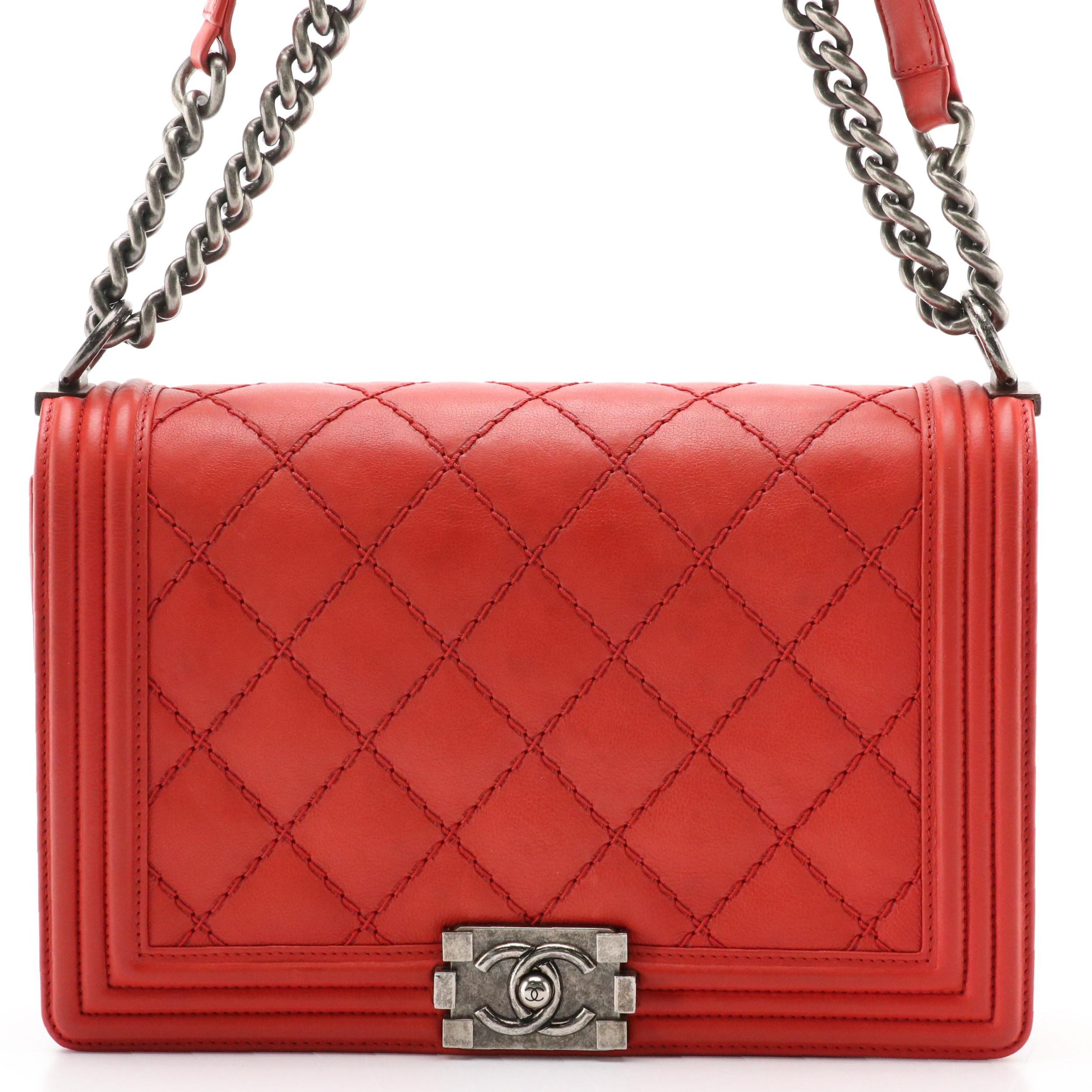 Chanel Large Flap Boy Bag in Red Diamond Stitch Calfskin Leather