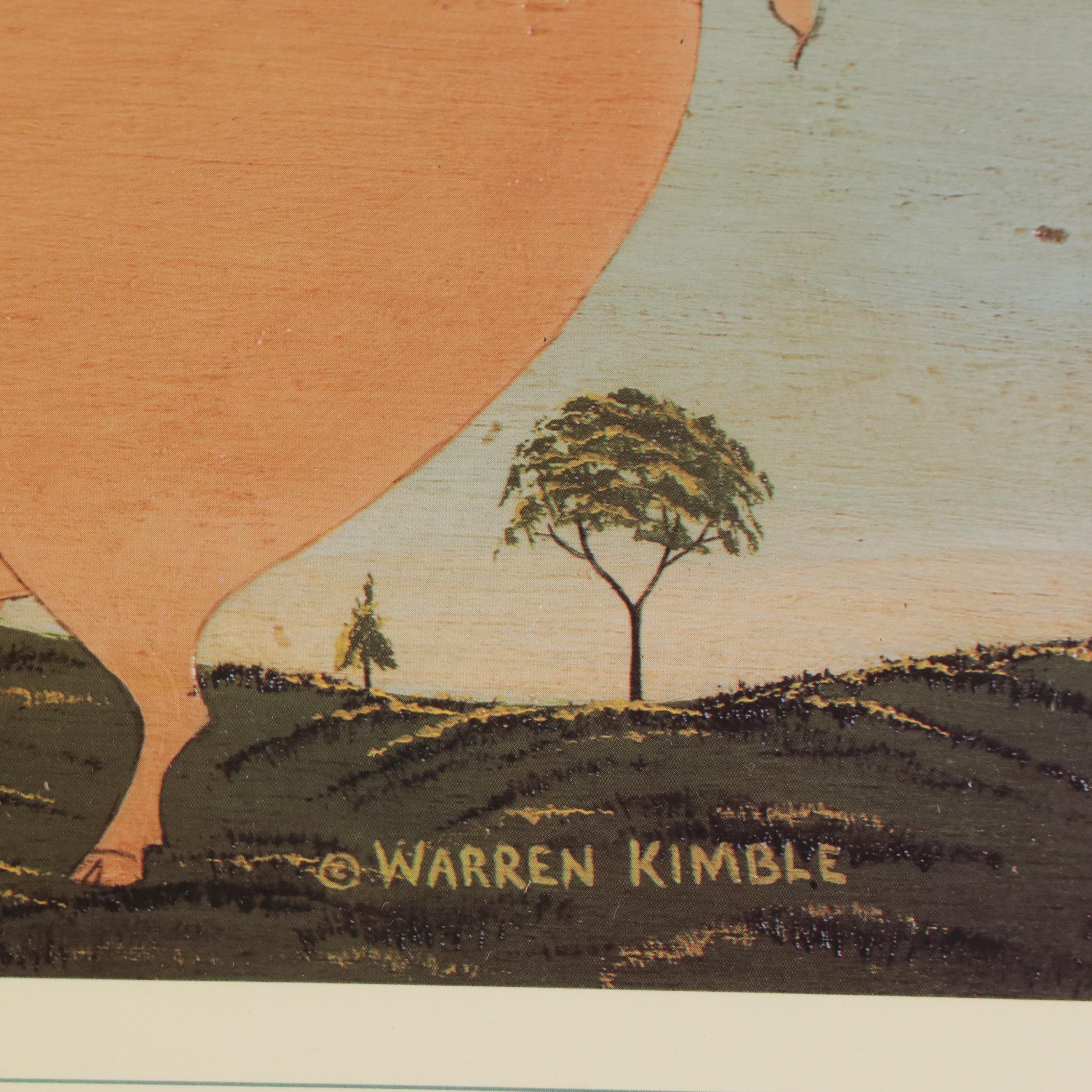 Two Folk Art Offset Lithographs After Warren Kimble Including "Kissing Cows"