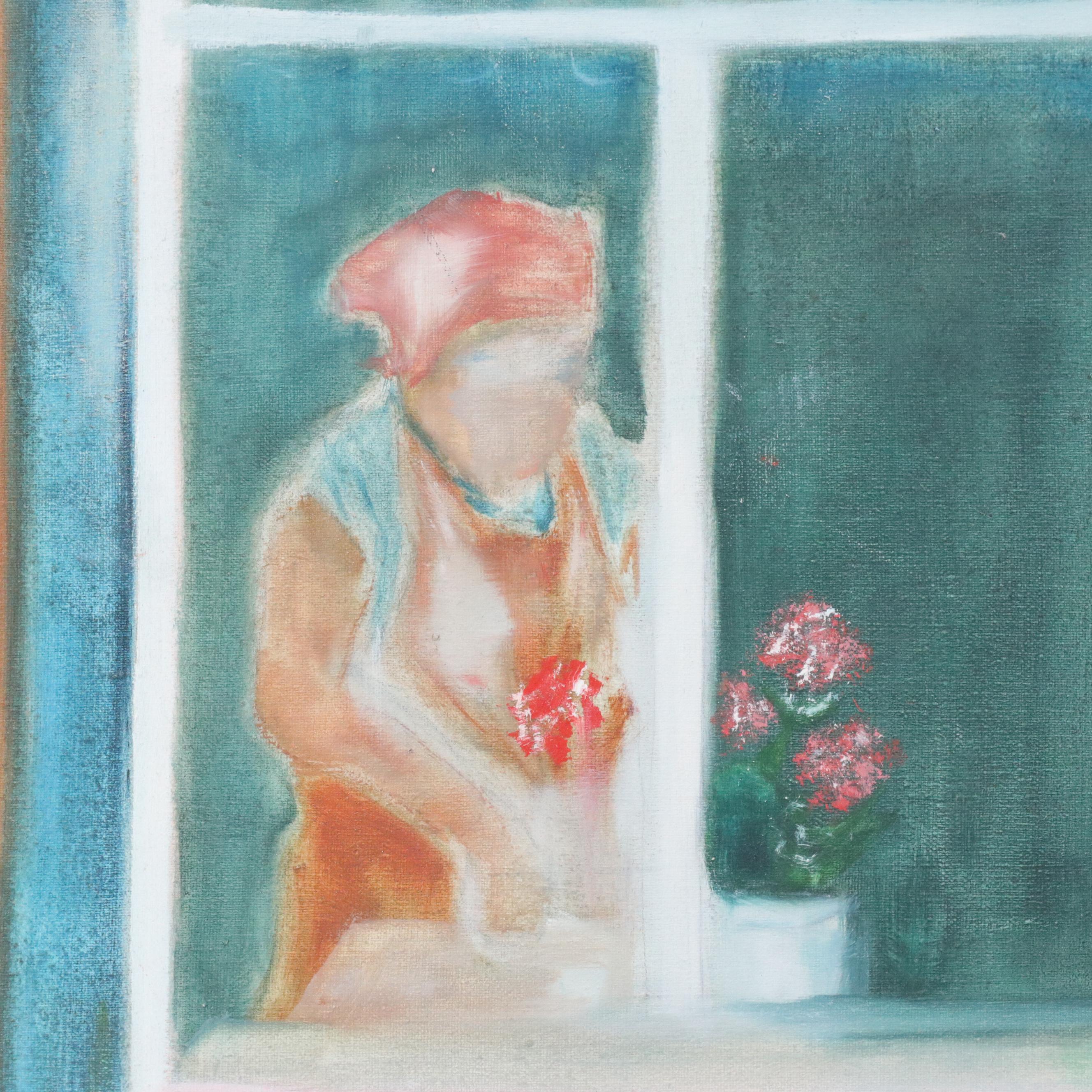 J. Boldt Window Scene Oil Painting, Late 20th Century