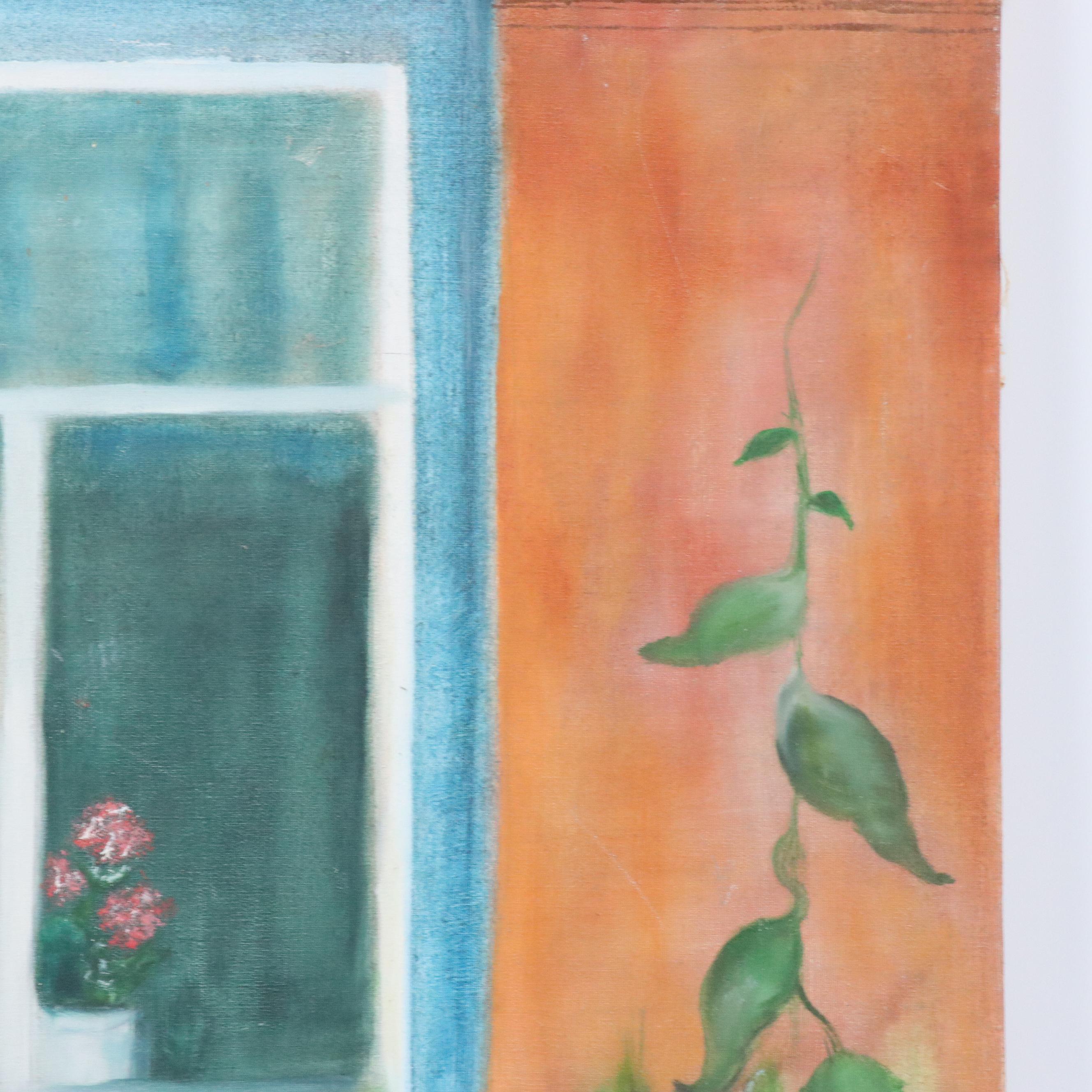 J. Boldt Window Scene Oil Painting, Late 20th Century