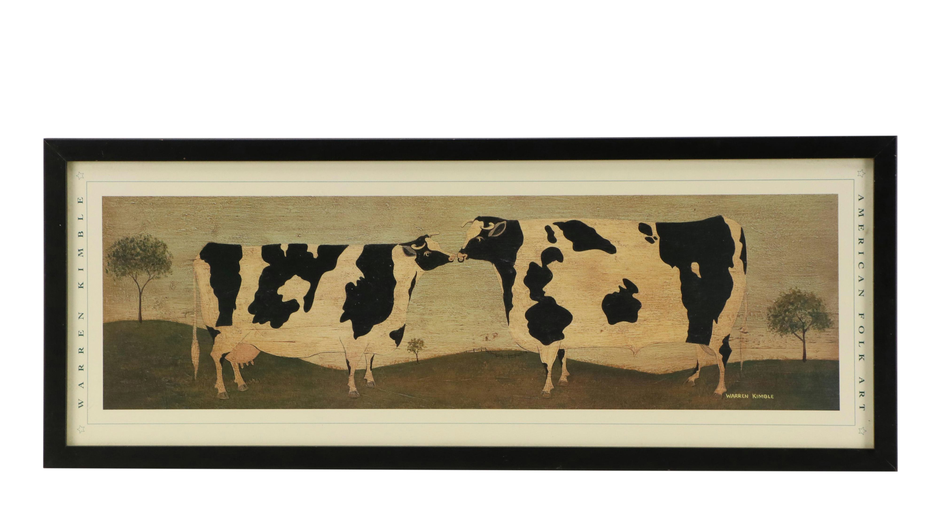 Two Folk Art Offset Lithographs After Warren Kimble Including "Kissing Cows"
