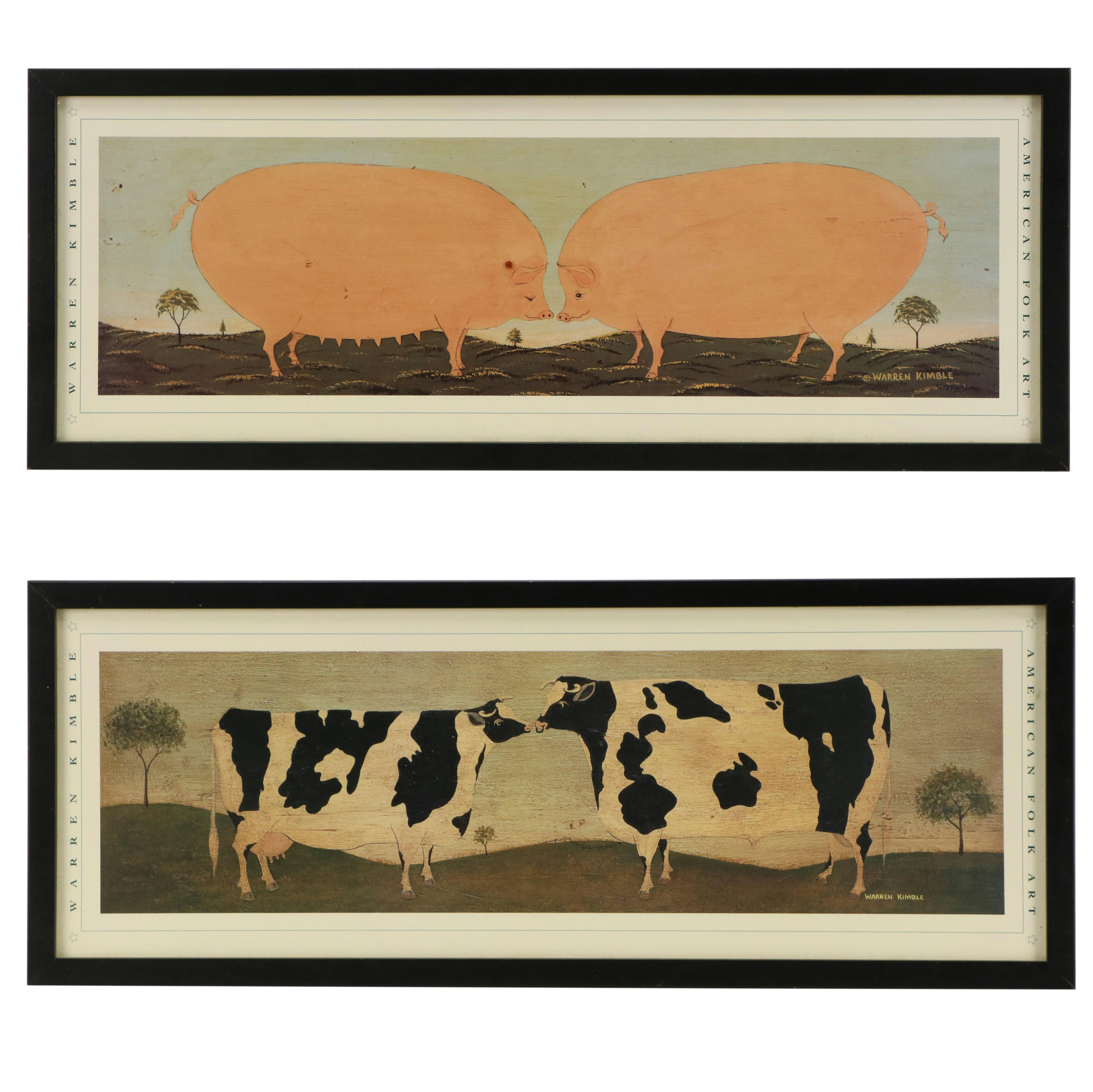 Two Folk Art Offset Lithographs After Warren Kimble Including "Kissing Cows"