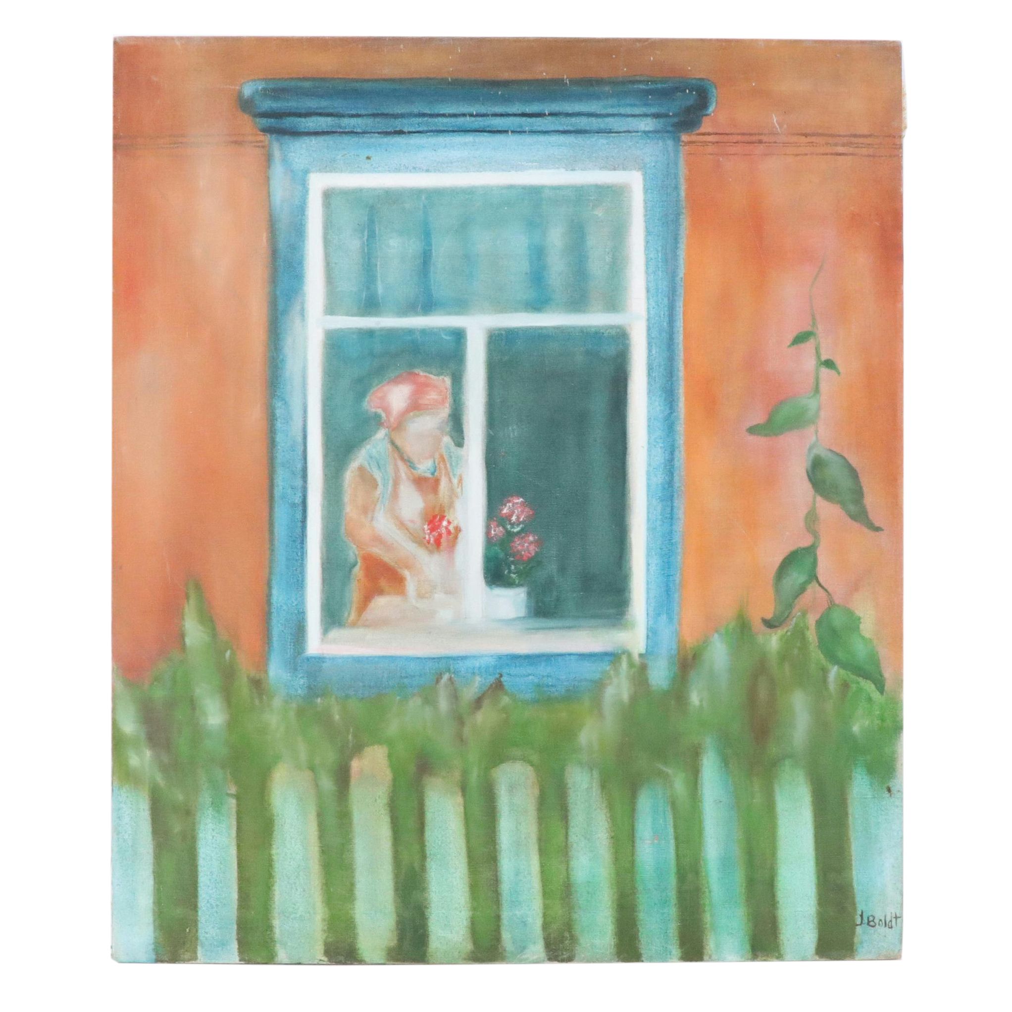 J. Boldt Window Scene Oil Painting, Late 20th Century