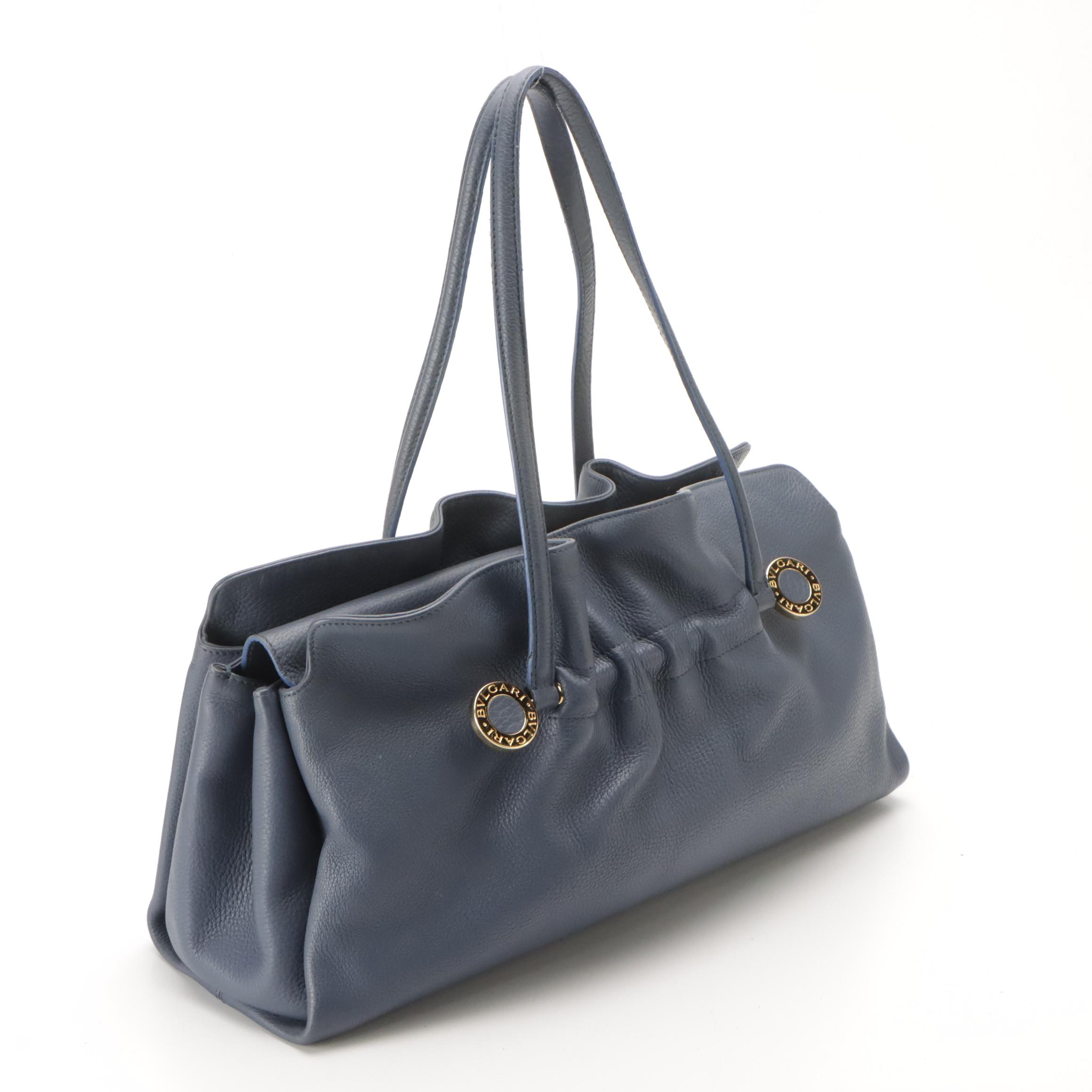 BVLGARI Steel Blue Grained Leather Multi-Compartment Shoulder Bag