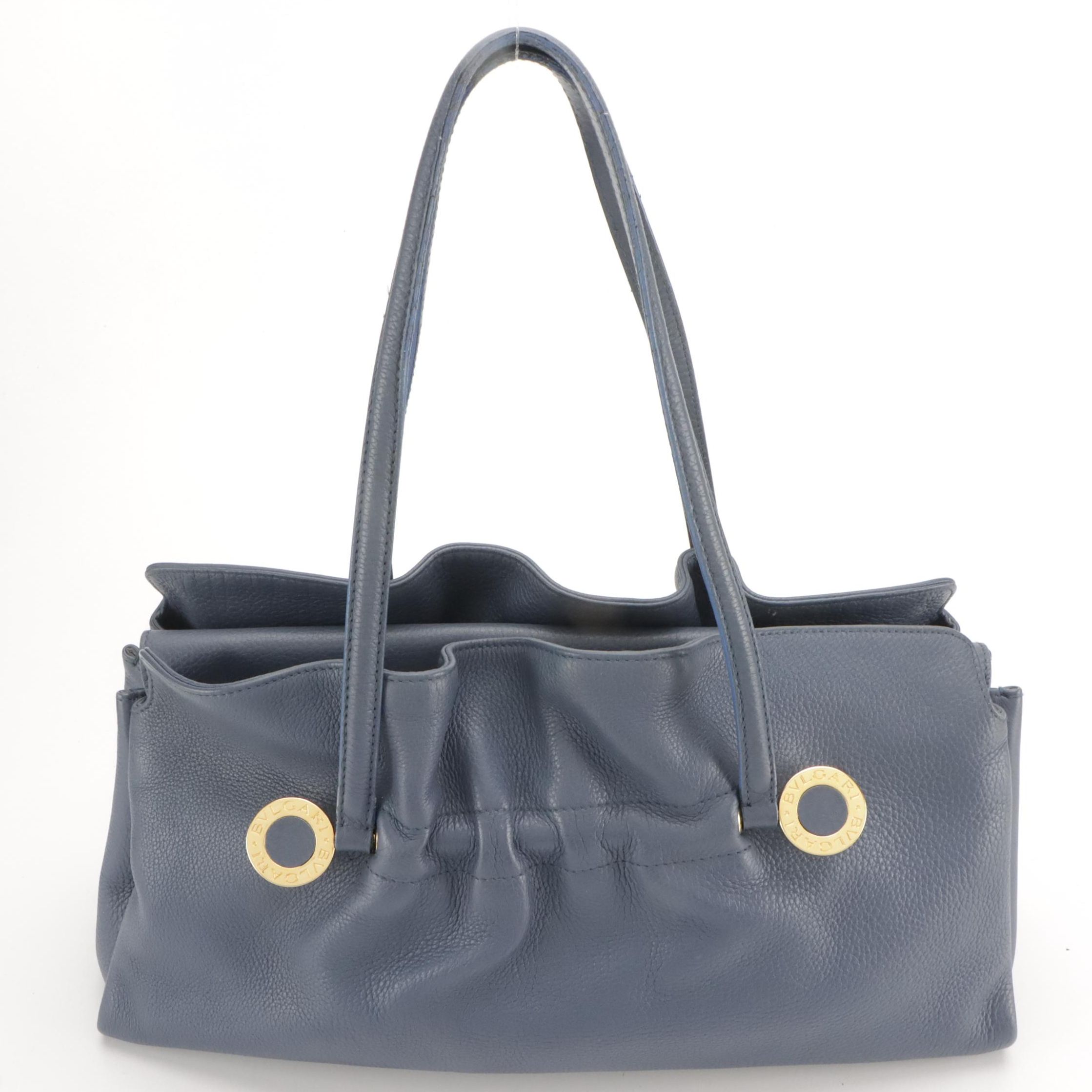 BVLGARI Steel Blue Grained Leather Multi-Compartment Shoulder Bag