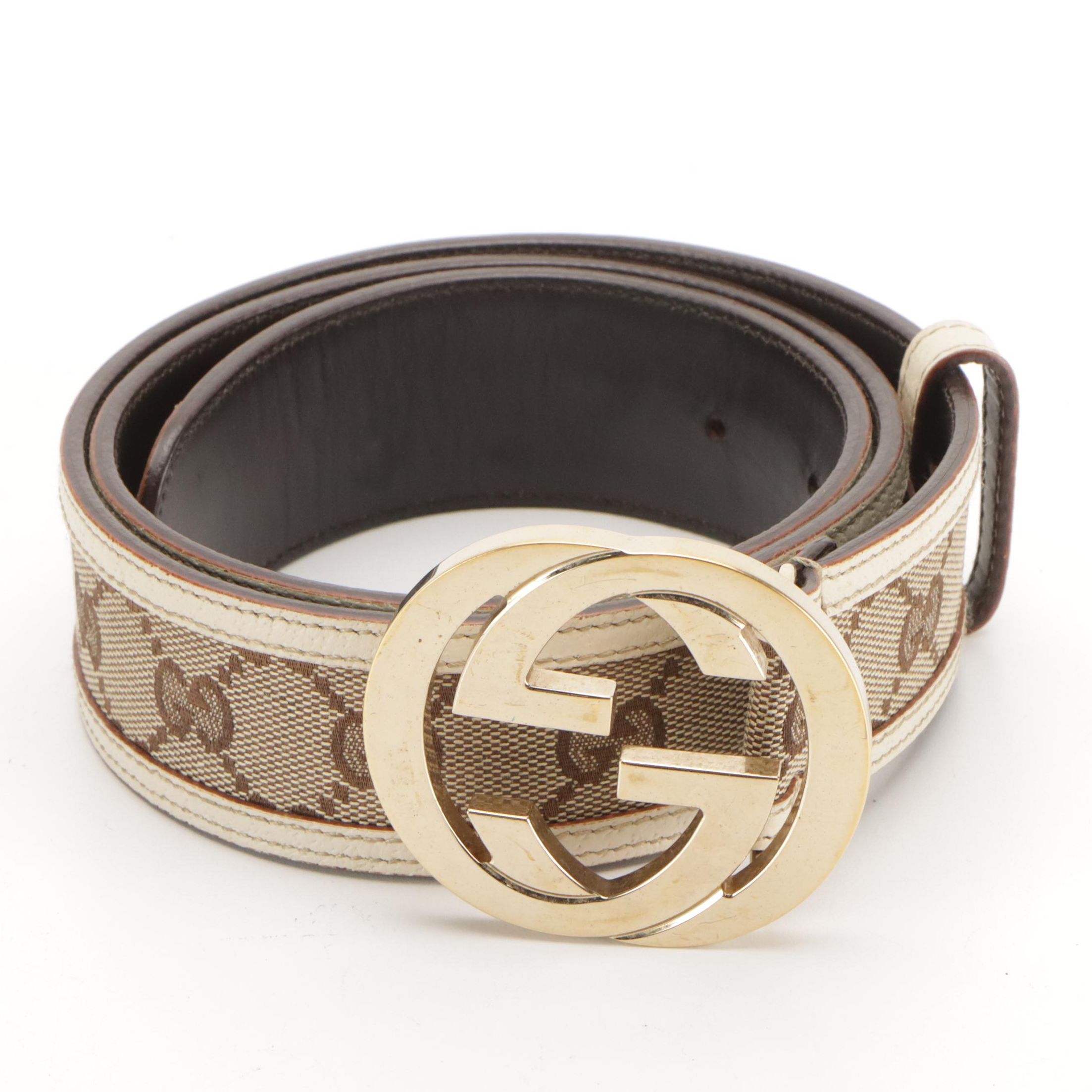 Gucci Interlocking GG Canvas and White Cinghiale Leather Belt