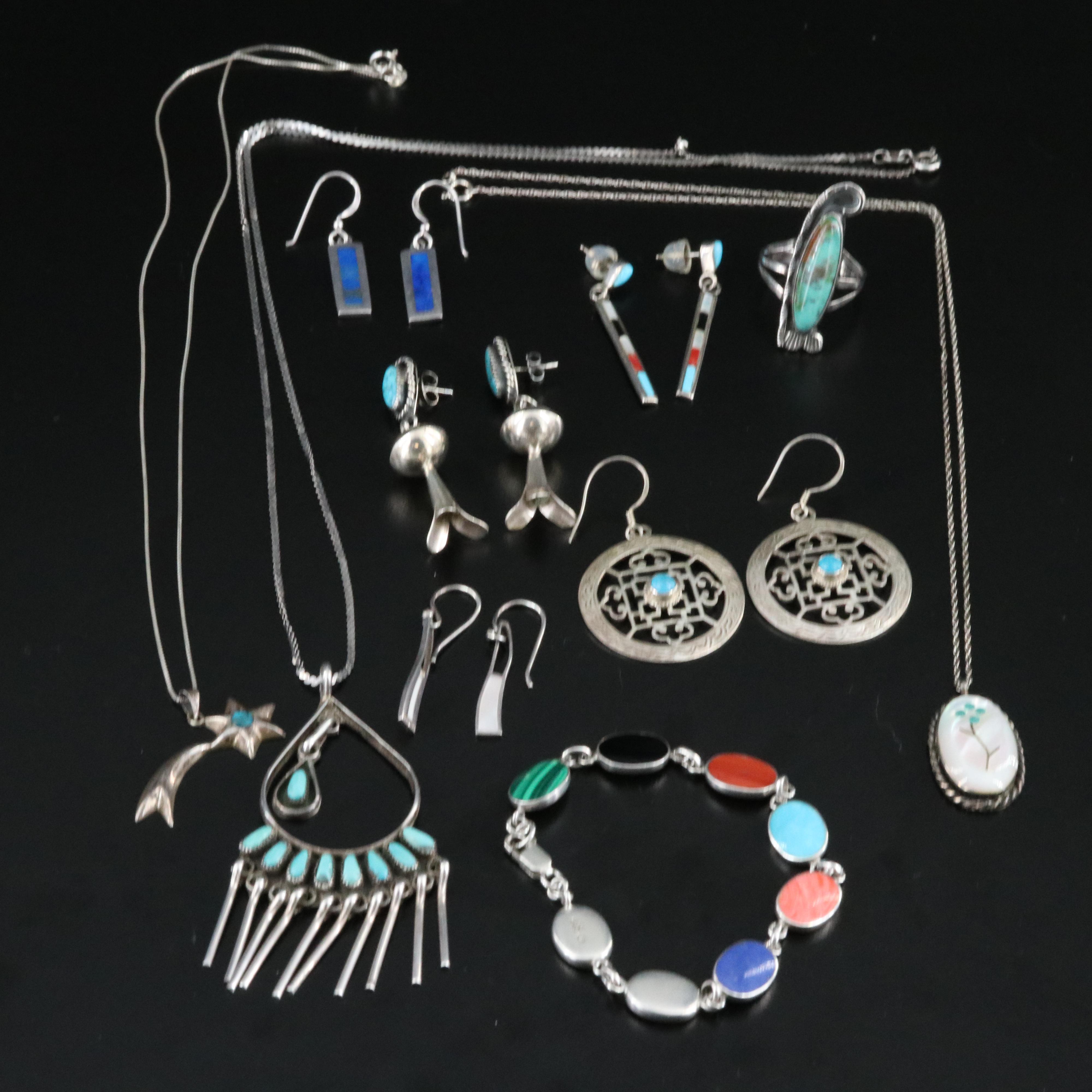 Sterling Southwestern Jewelry Collection Including Turquoise and Lapis Lazuli