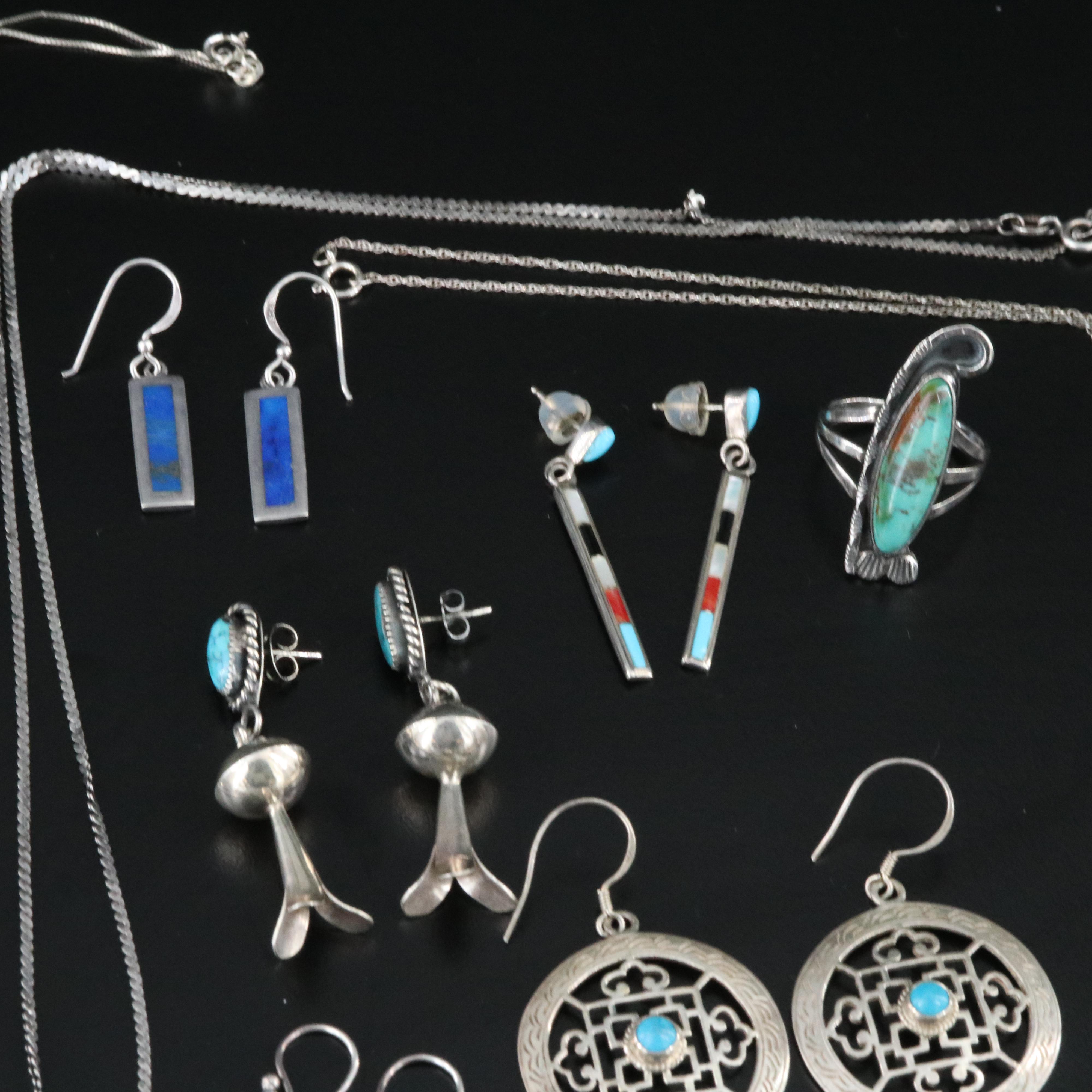 Sterling Southwestern Jewelry Collection Including Turquoise and Lapis Lazuli