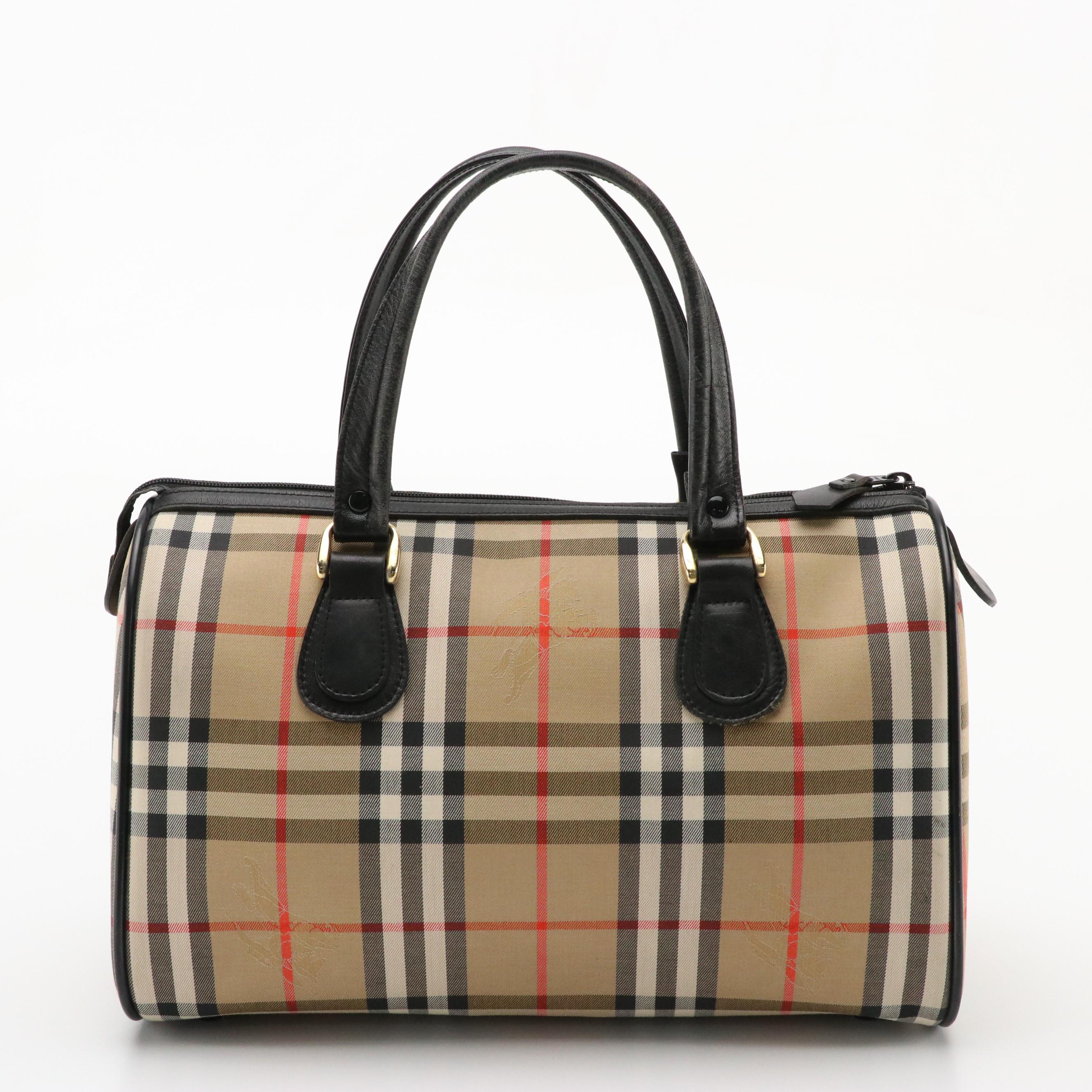 Burberrys Haymarket Check Canvas Zippered Handbag with Black Leather Trim