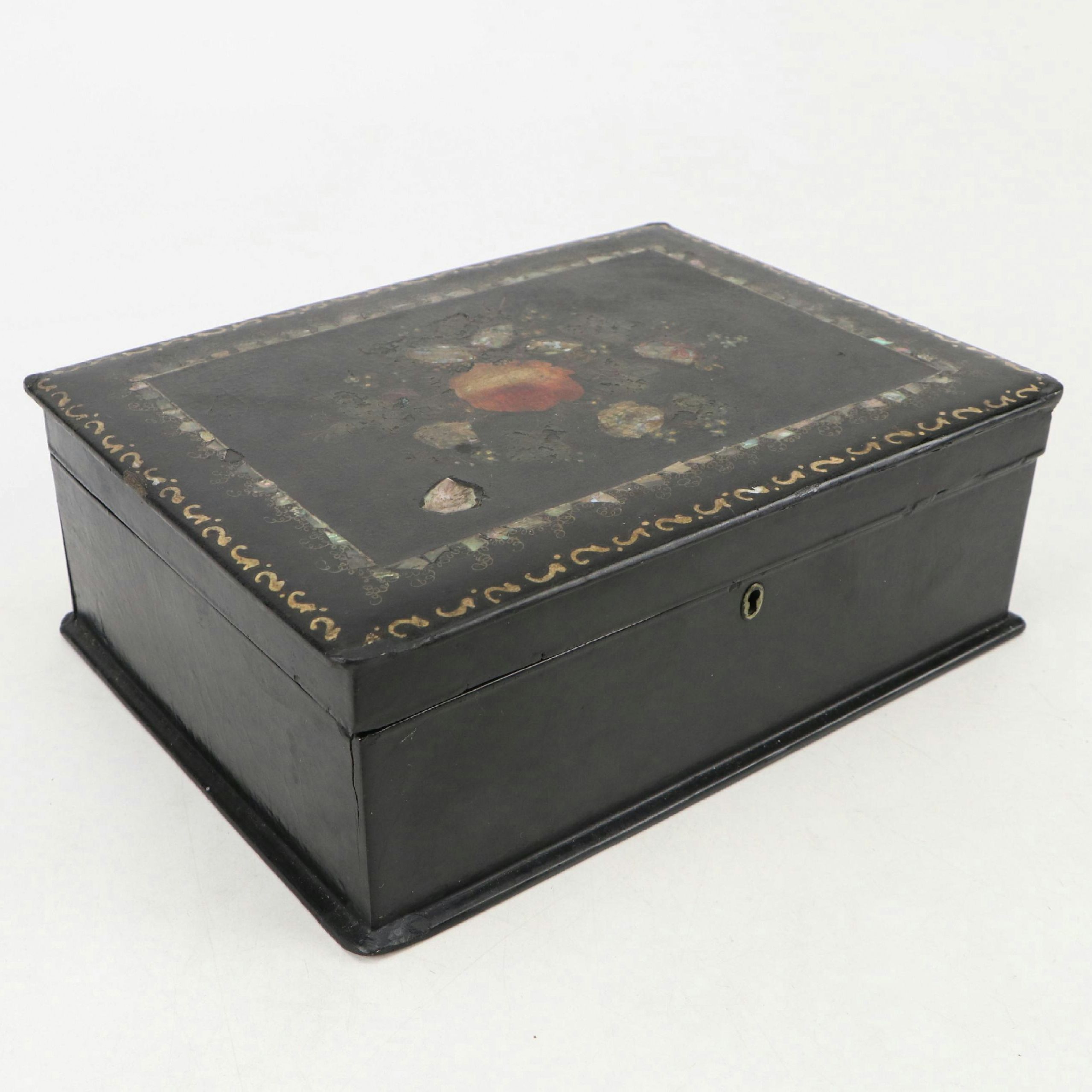 Victorian Abalone Inlay Black Lacquered Box, Late 19th Century