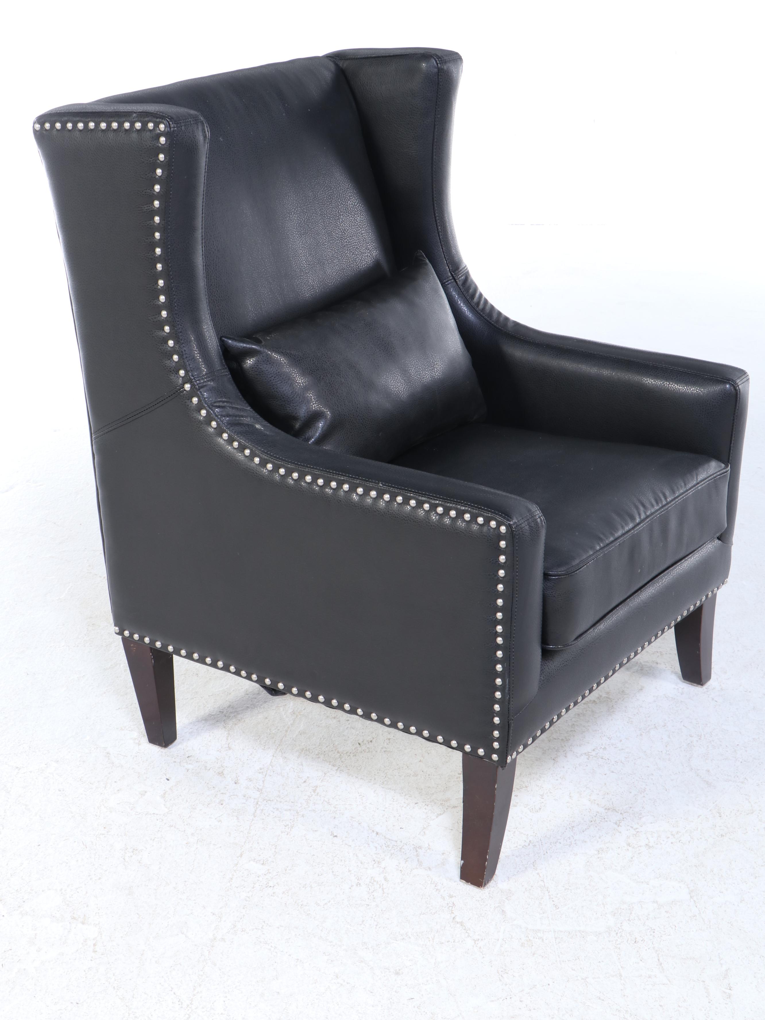 American Signature Black Leather-Touch Wingback Armchair with Nailheads