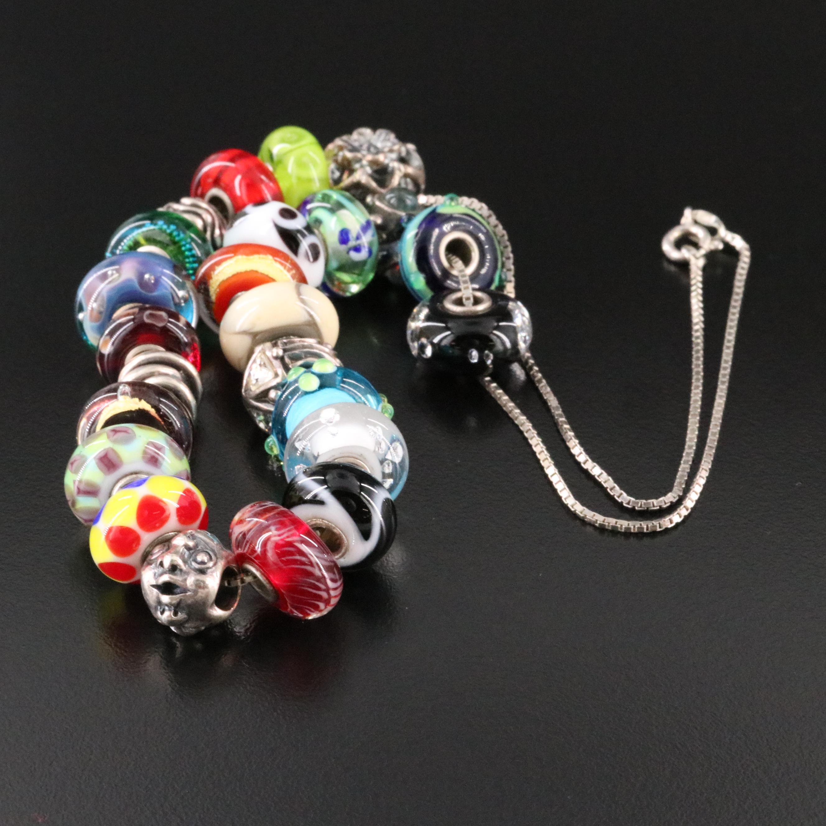 Sterling Rhinestone and Lamp Work Glass Trollbead Necklace