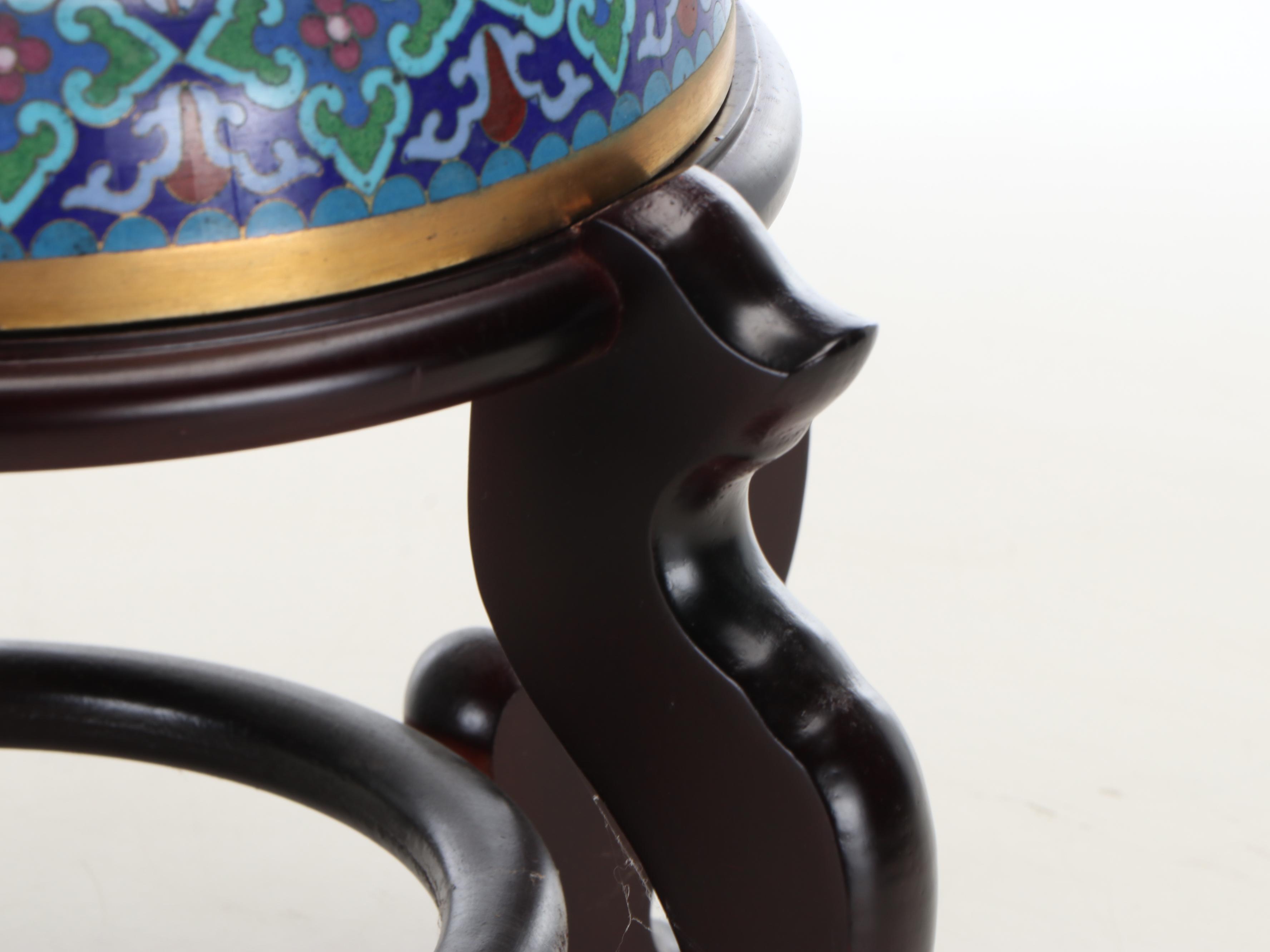 Chinese Cloisonné Enamel Brass Floor Vase with Wooden Stand