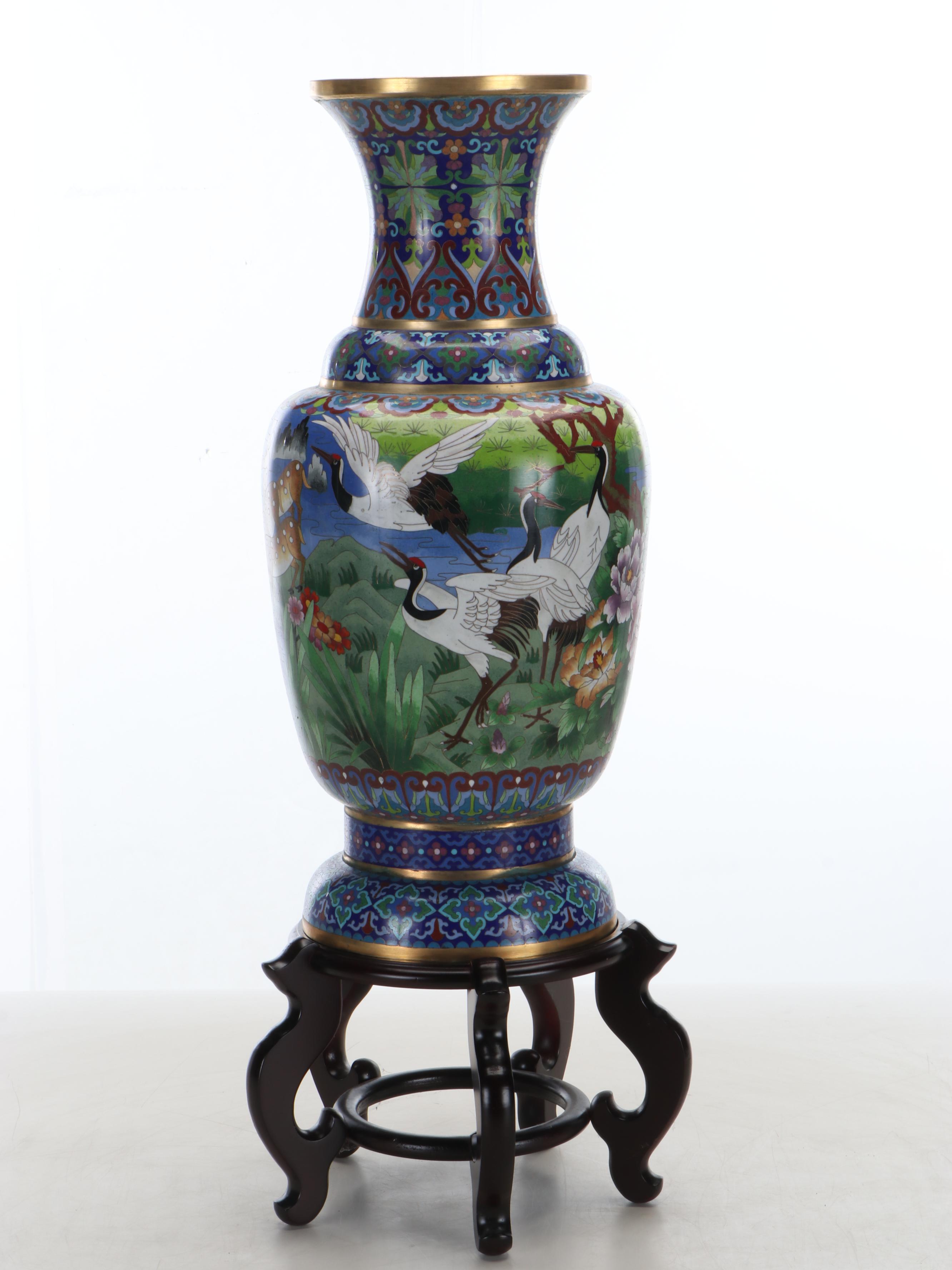 Chinese Cloisonné Enamel Brass Floor Vase with Wooden Stand