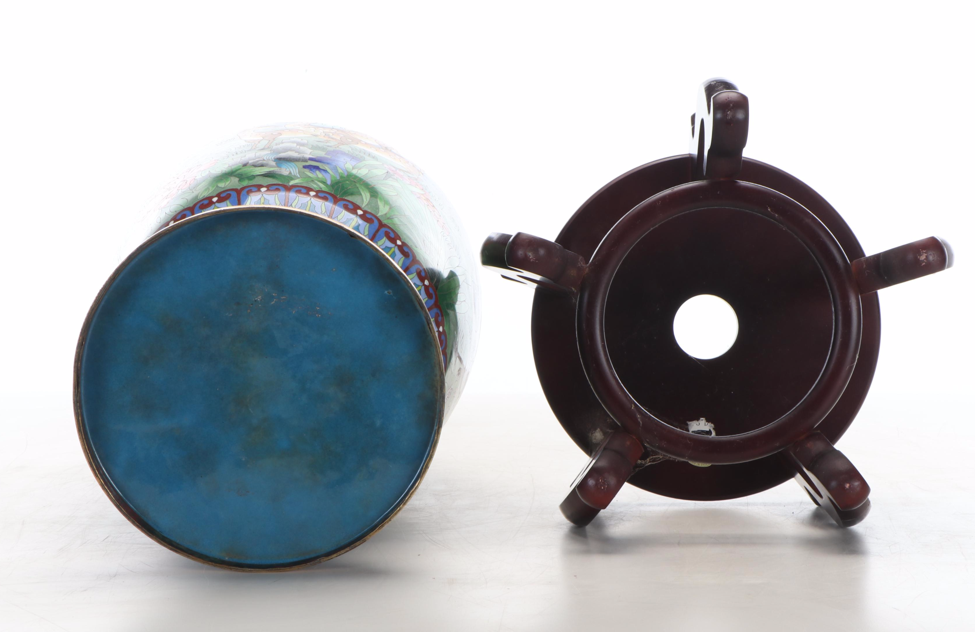 Chinese Cloisonné Enamel Brass Floor Vase with Wooden Stand