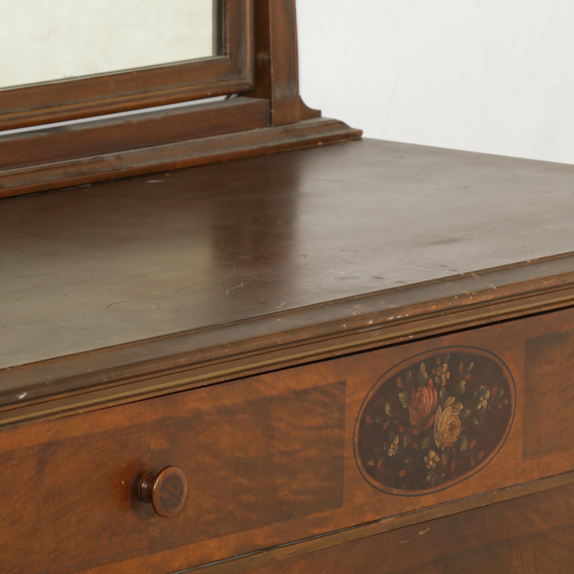 Mahogany Dresser and Mirror with Painted Medallion, Early 20th Century