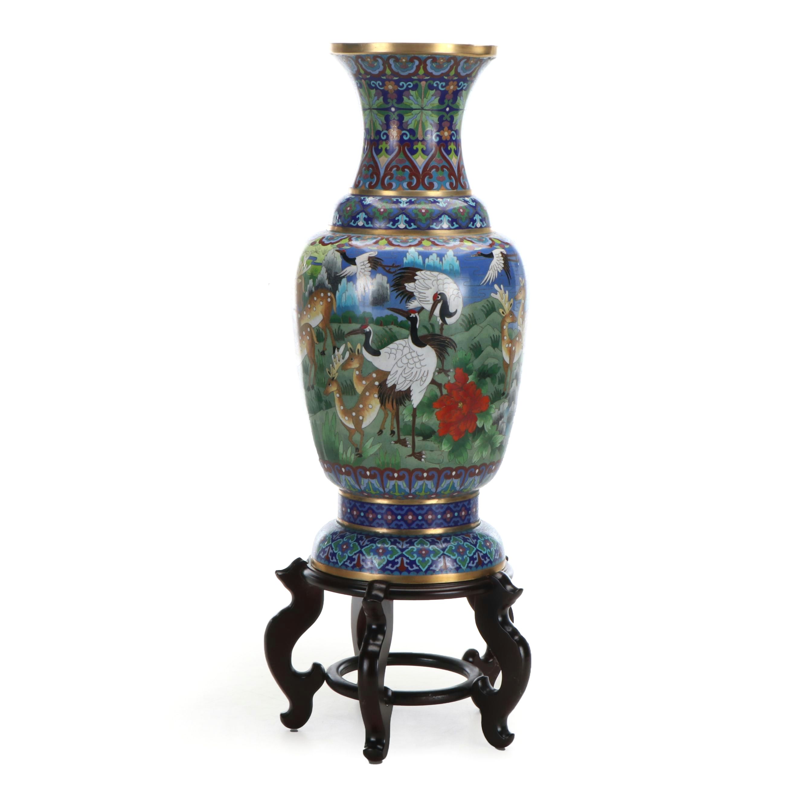 Chinese Cloisonné Enamel Brass Floor Vase with Wooden Stand