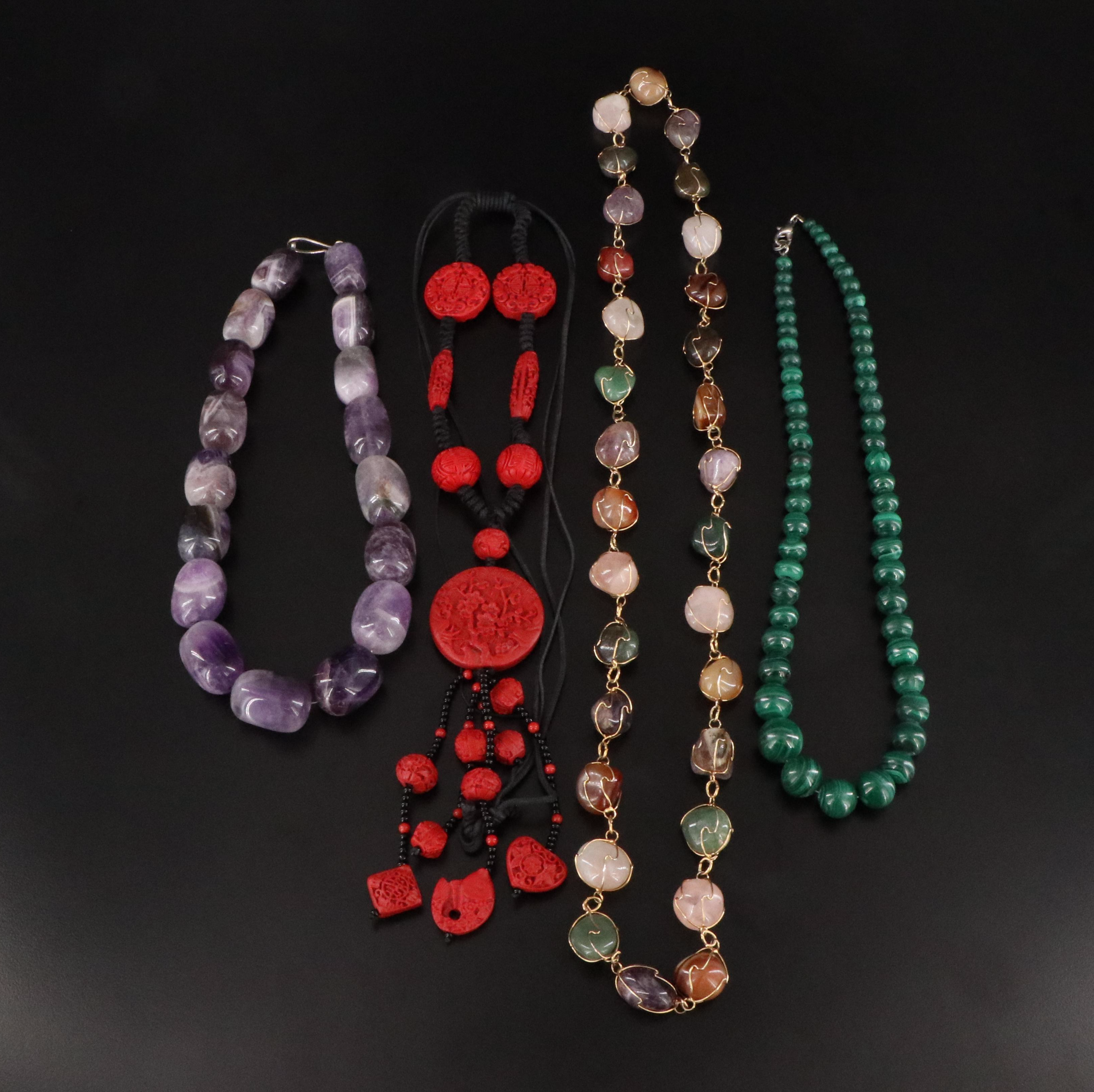 Gemstone Necklaces Featuring Sterling, Malachite and Amethyst