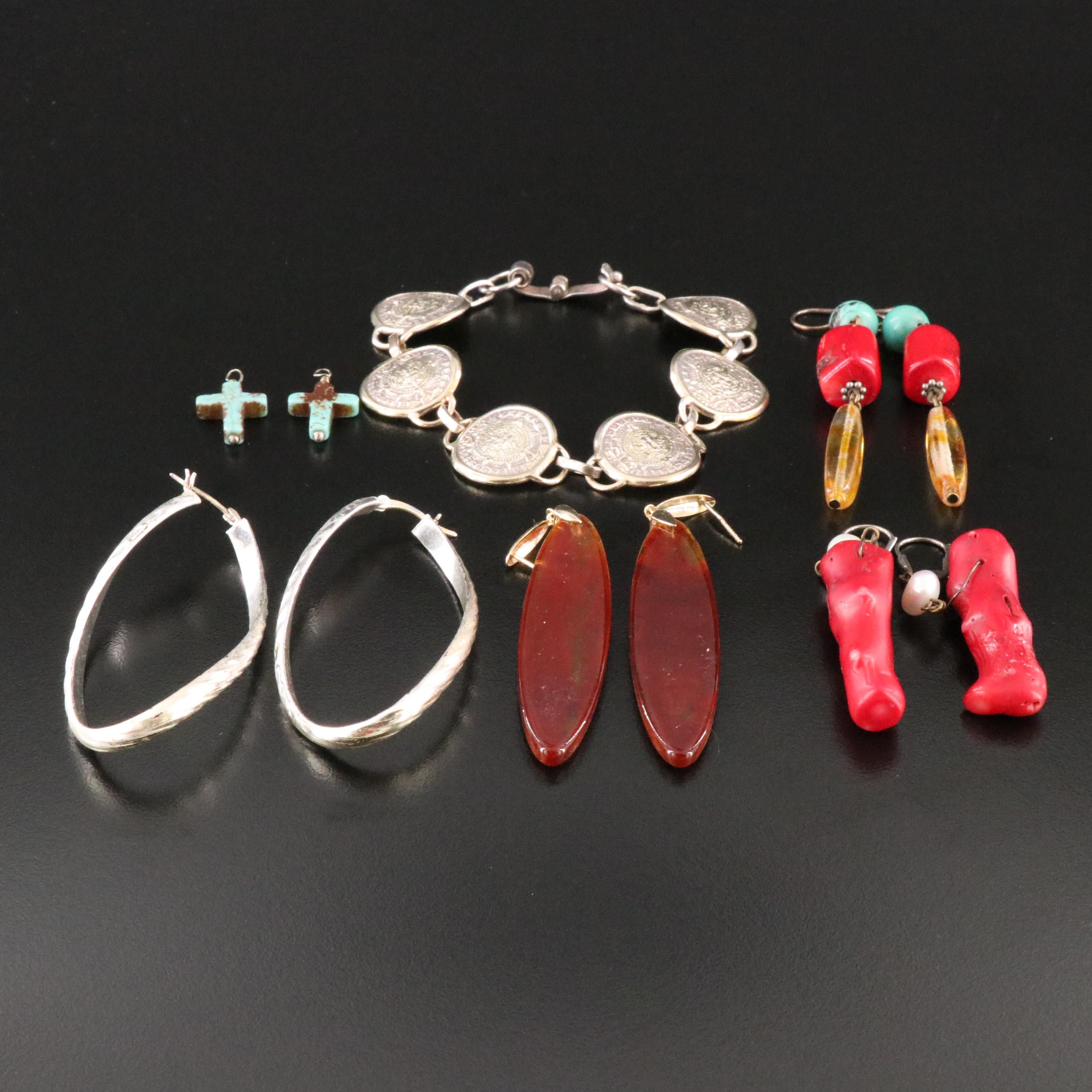 Earrings, Enhancers and Bracelet Including Sterling Pearl and Coral